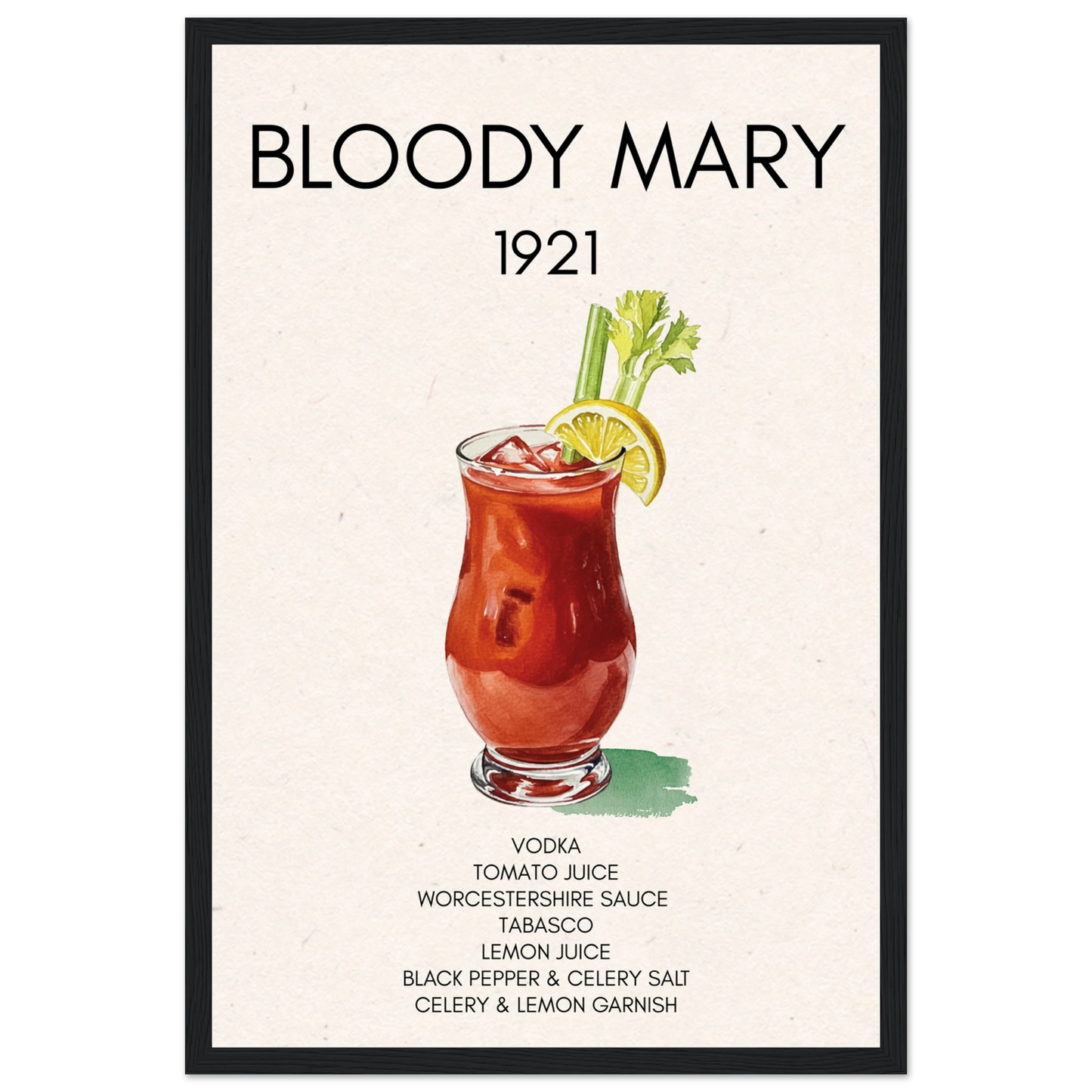 Bloody Mary Cocktail Bar Poster Print Black Wood 30x45 cm 12x18″ Classic Matte Paper Wooden Framed Poster