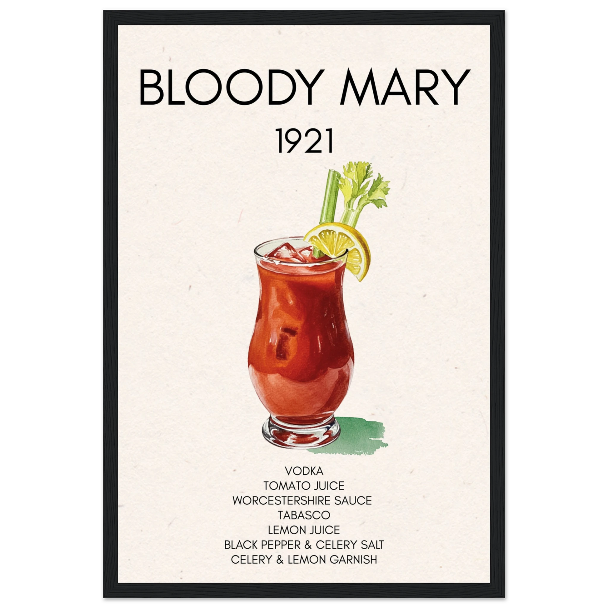 Bloody Mary Cocktail Bar Art Print Black Wood 30x45 cm 12x18″ Classic Matte Paper Wooden Framed Poster