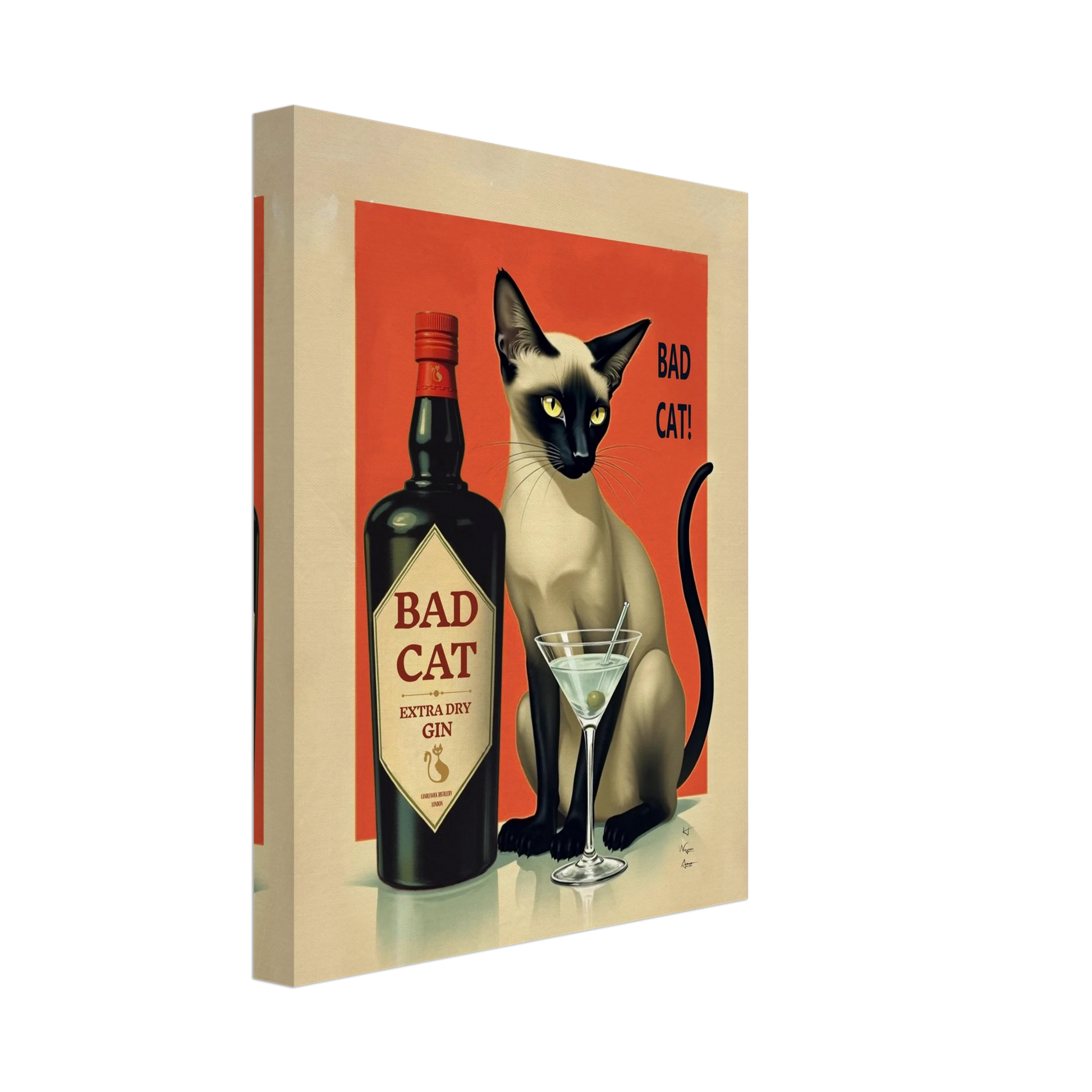Siamese Cat Gin Martini Cocktail Art Print 27x35 cm 11x14″ Gallery Wrapped Canvas No Frame