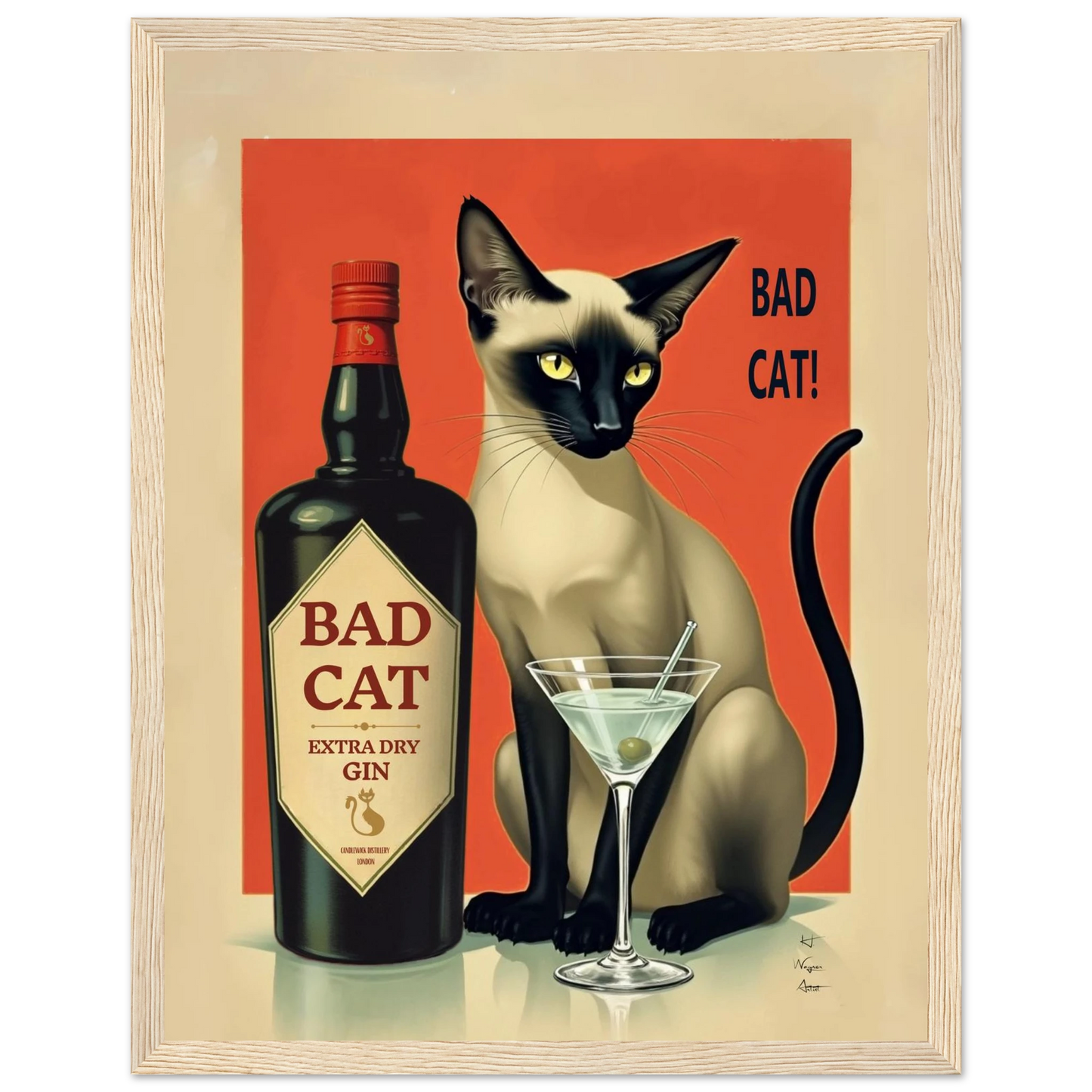 Siamese Cat Gin Martini Cocktail Art Print 27x35 cm 11x14″ Gallery Wrapped Canvas No Frame