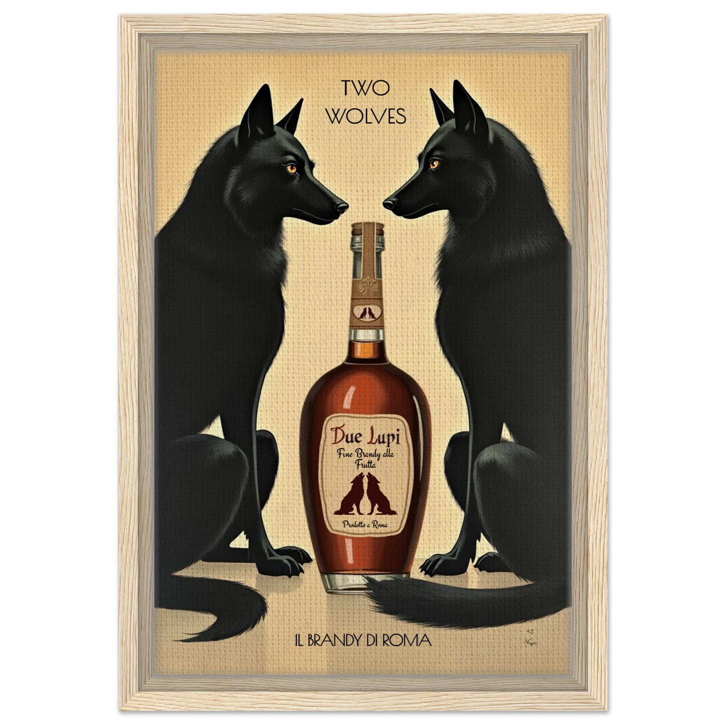 Two Wolves Italian Cocktail Bar Art Print 30x45 cm 12x18″ Framed Canvas Light Wood Frame