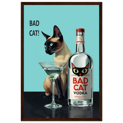 Siamese Cat Retro Martini Cocktail Bar Art Print Dark Brown Wood Frame 30x45 cm 12x18″ Classic Matte Paper Wooden Framed Poster