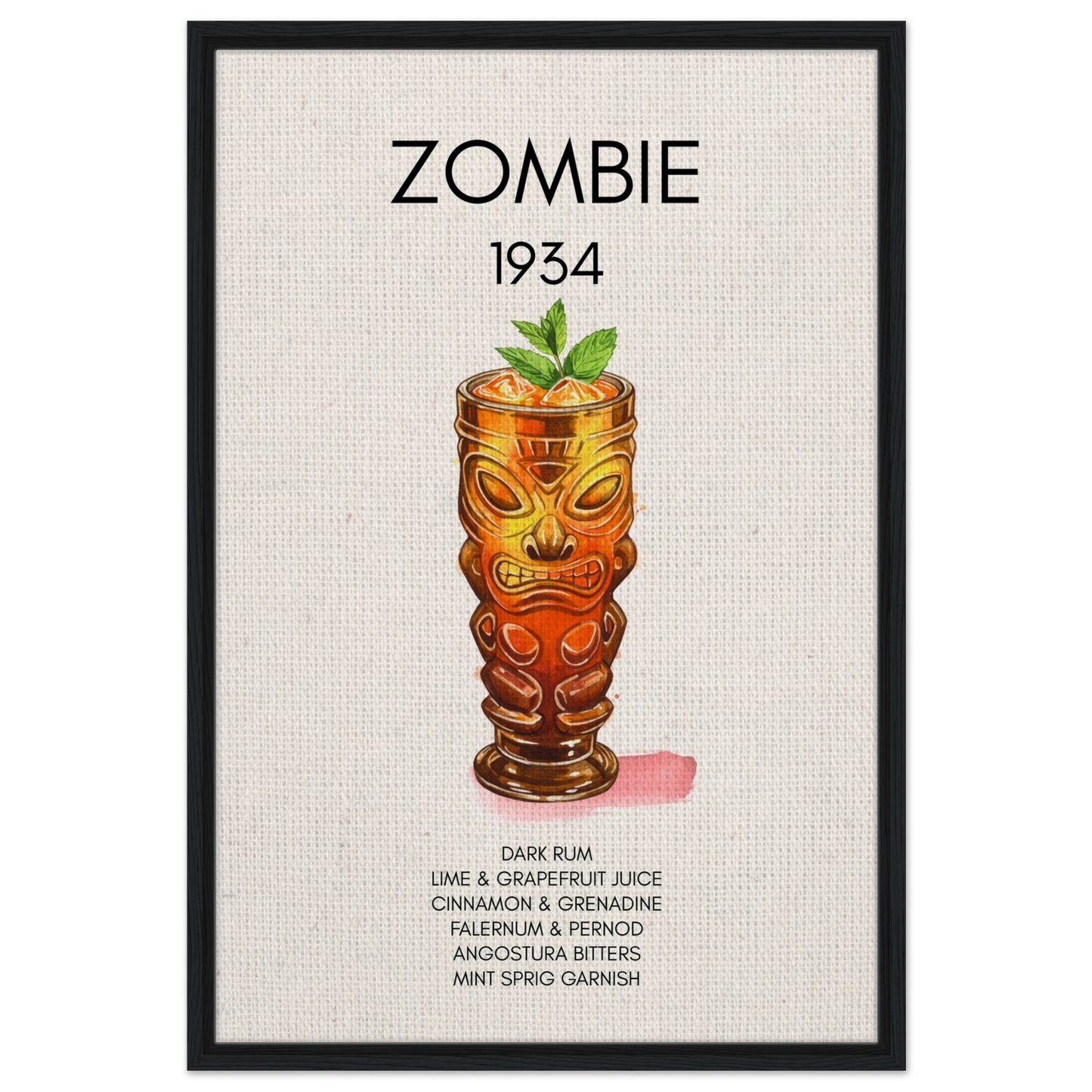 Zombie Tiki Cocktail Bar Poster Print Black Wood Frame 60x90 cm 24x36″ Framed Canvas