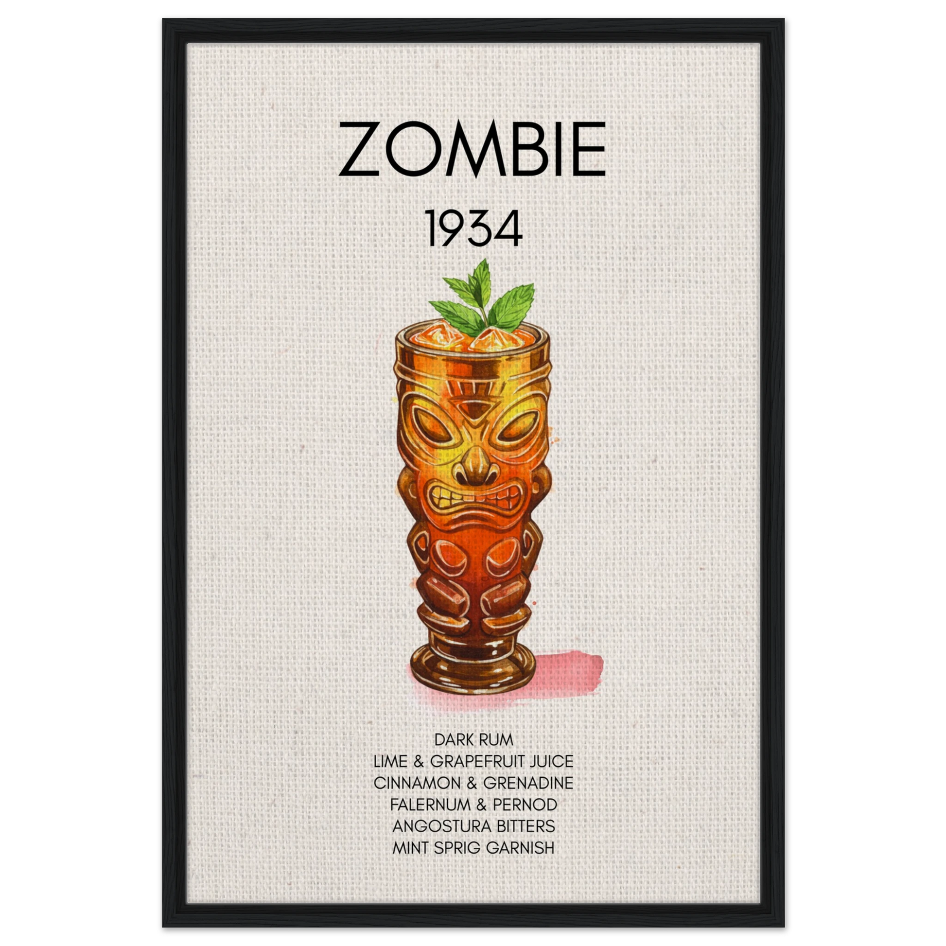 Zombie Tiki Cocktail Bar Art Print Black Wood Frame 60x90 cm 24x36″ Framed Canvas