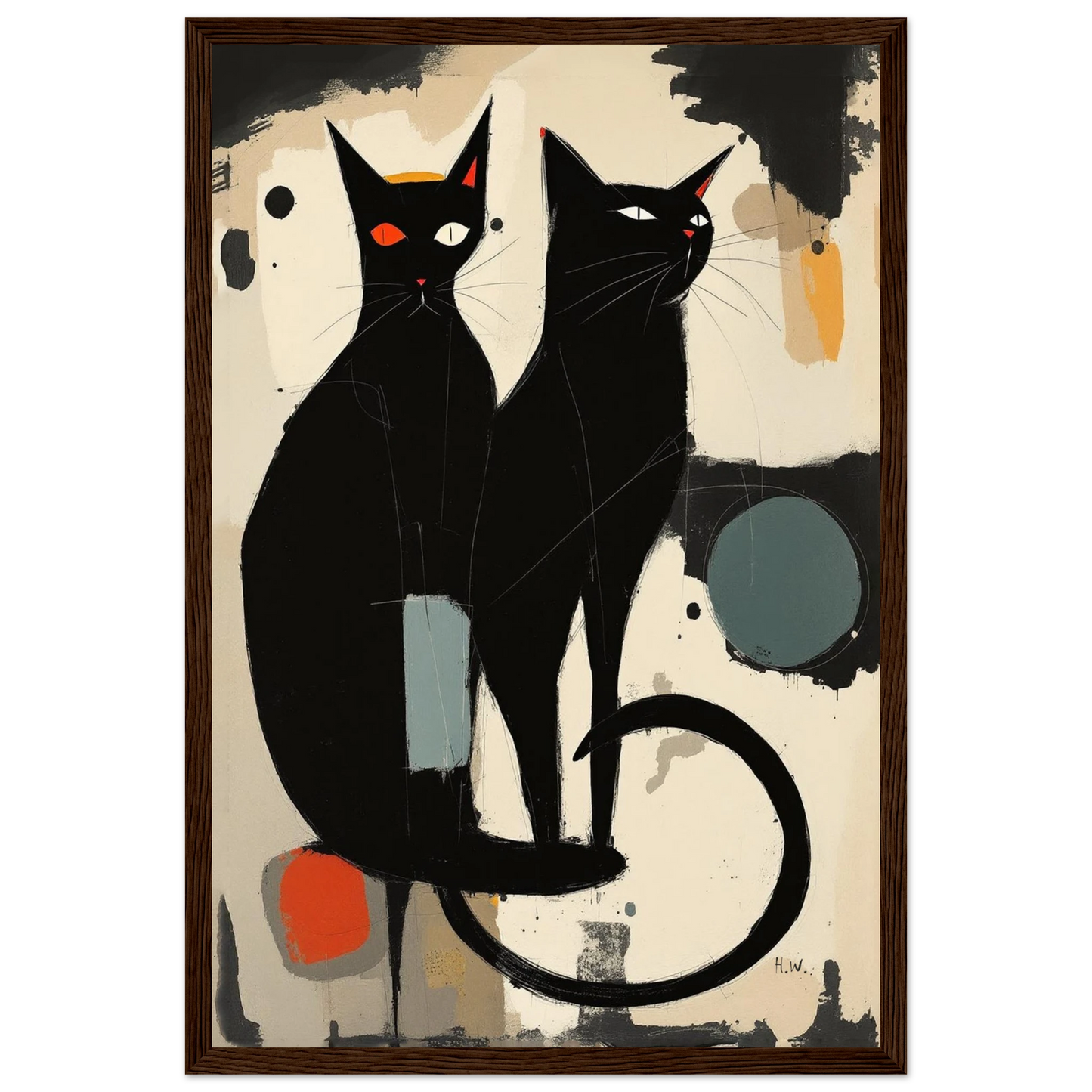 Abstract Crazy Cat Duo Art Print Dark Brown Wood Frame 30x45 cm 12x18″ Premium Matte Paper Wooden Framed Poster