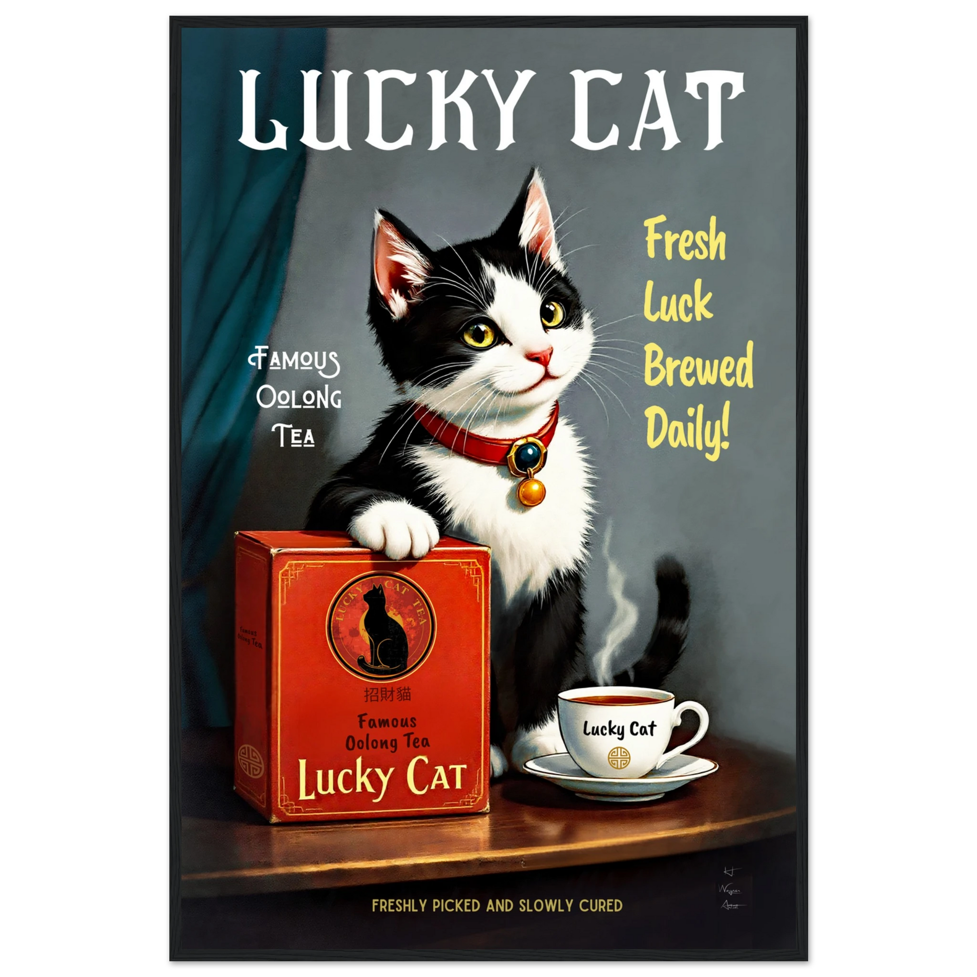Lucky Tuxedo Cat Tea Kitchen Art Print 60x90 cm 24x36″ Premium Matte Framed Poster Black Wood frame
