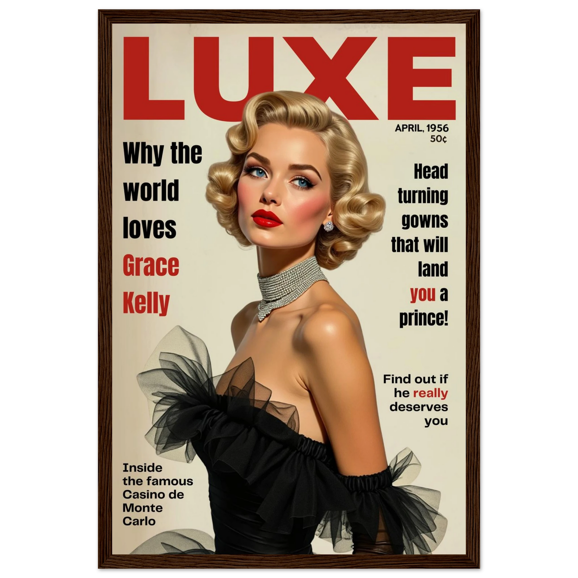Grace Kelly Hollywood Glam Magazine Art Print Dark Brown Wood Frame 30x45 cm 12x18″ Classic Matte Framed Poster