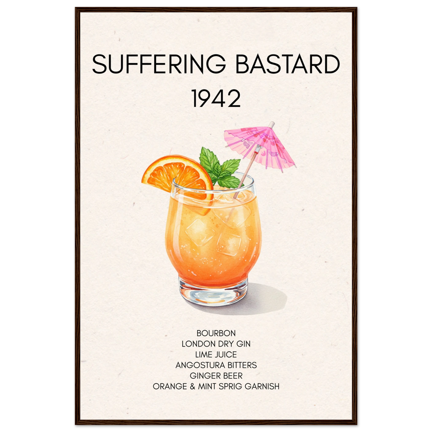 Suffering Bastard Tiki Cocktail Bar Poster Print Dark Brown Wood Frame 60x90 cm 24x36″ Classic Matte Paper Wooden Framed Poster