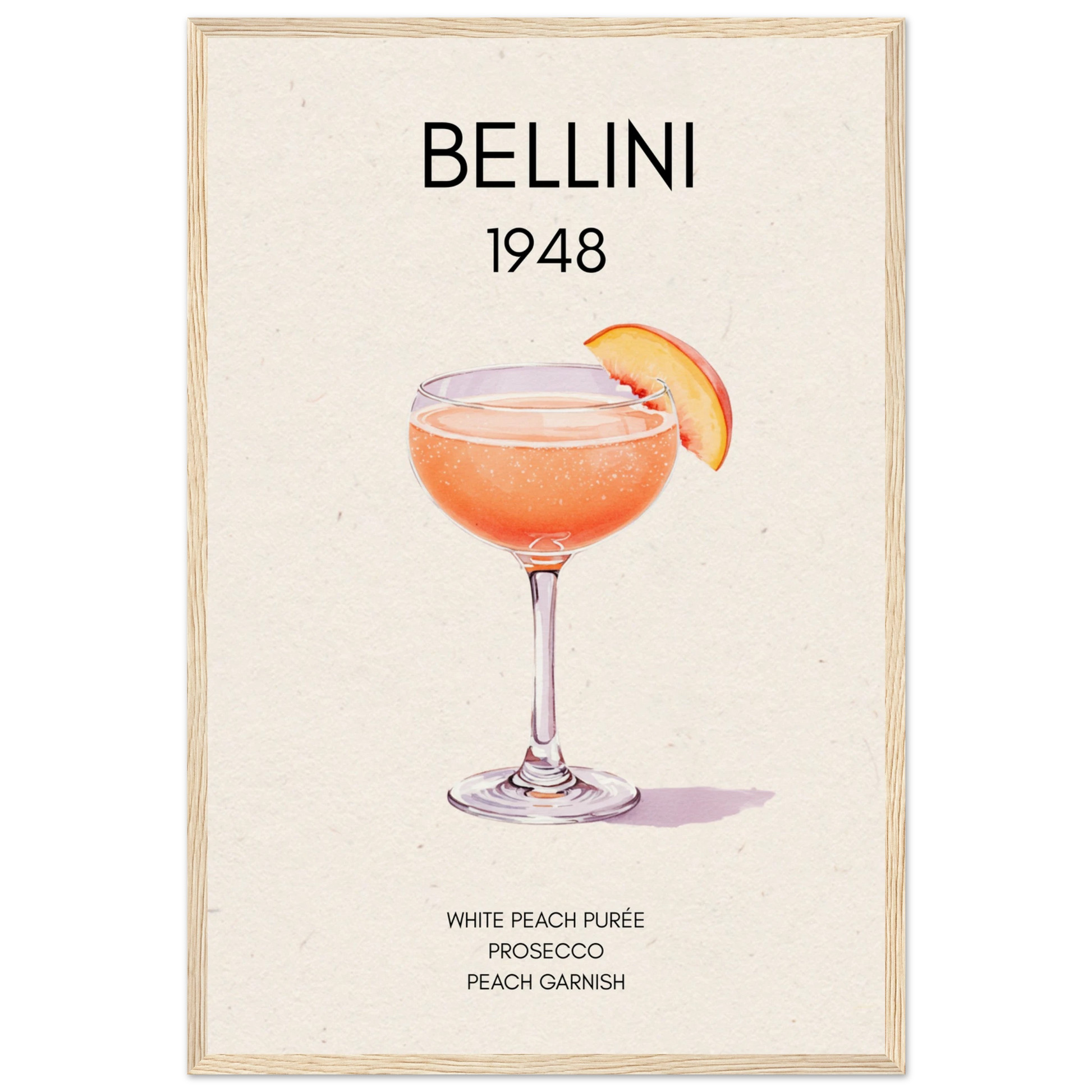 Italian Bellini Cocktail Bar Poster Print 40x60 cm 16x24″ Museum-Quality Matte Paper Wooden Framed Poster Light Wood Frame