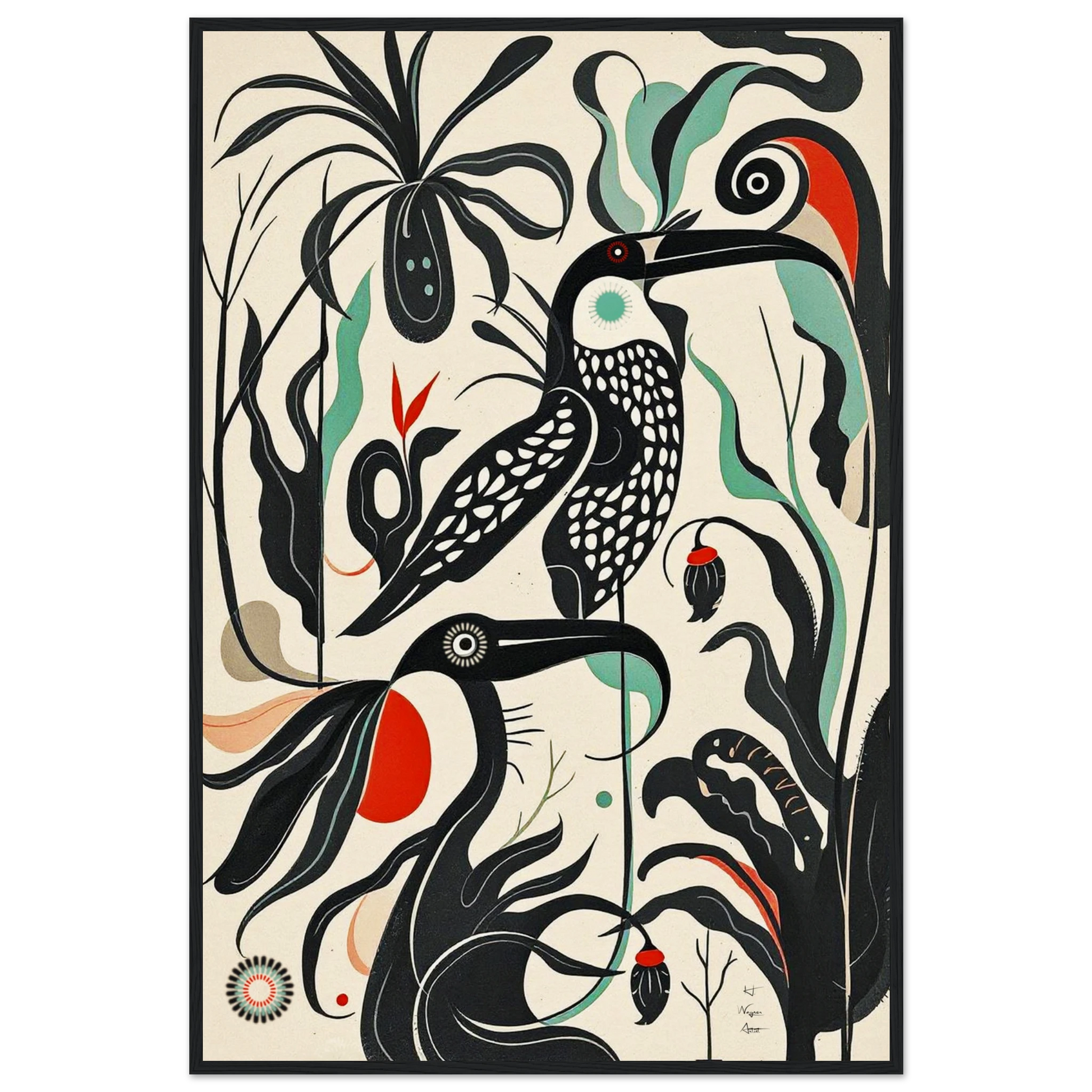Mid-Century Modern Tropical Bird Art Print Black Wood Frame 60x90 cm 24x36″ Museum-Quality Matte Wooden Framed Poster