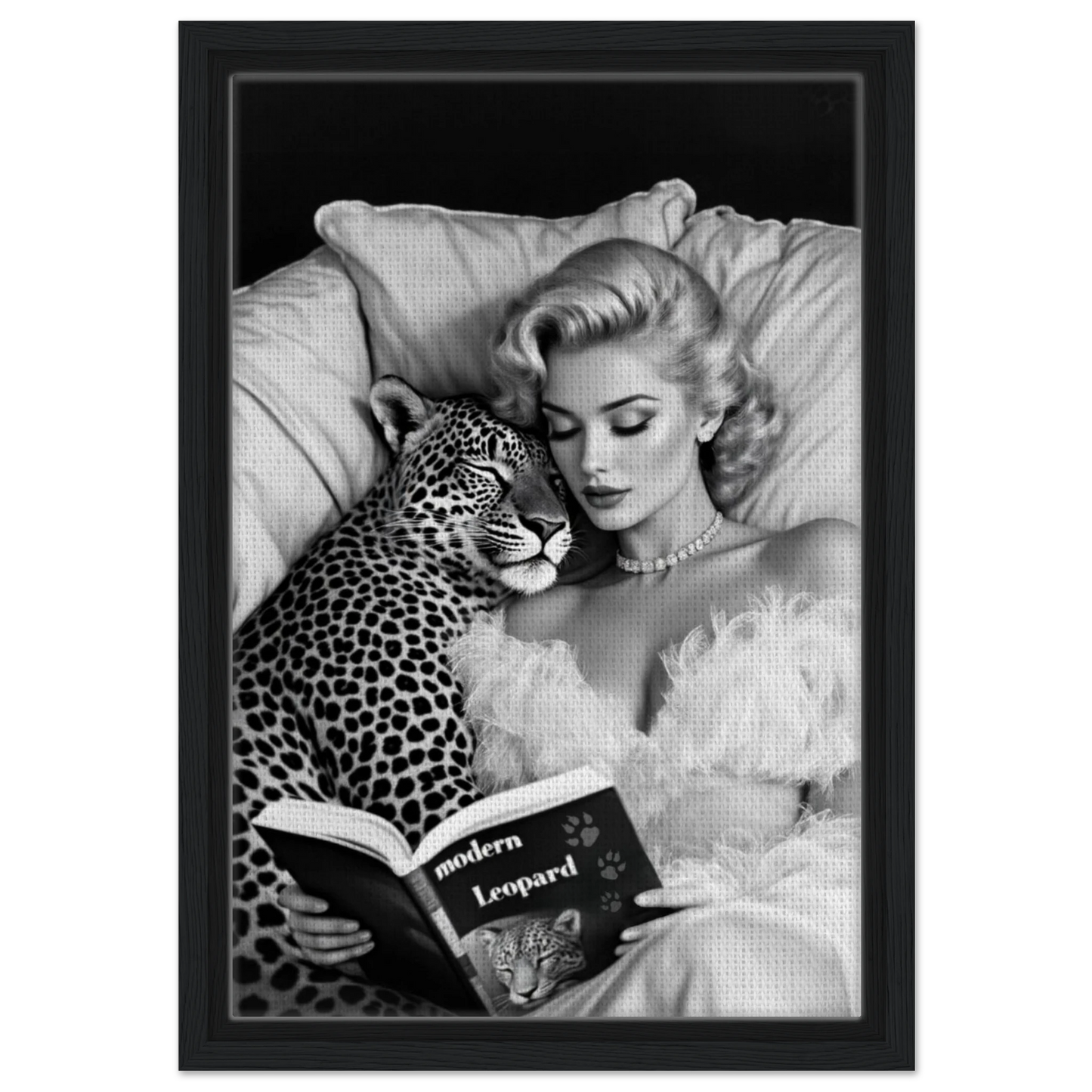 Hollywood Starlet Leopard Cat Art Print 30x45 cm 12x18″ Framed Canvas Black Wood Frame