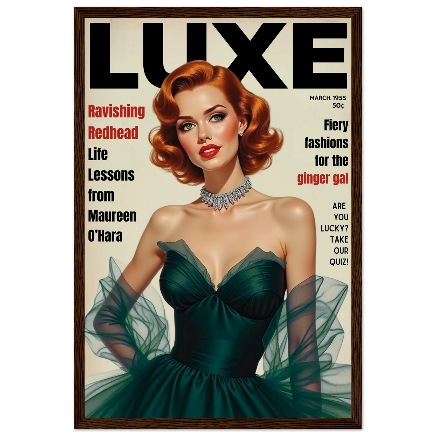 Maureen O'Hara Vintage Fashion Art Poster Print Dark Brown Wood Frame 30x45 cm 12x18″ Premium Matte Paper Wooden Framed Poster