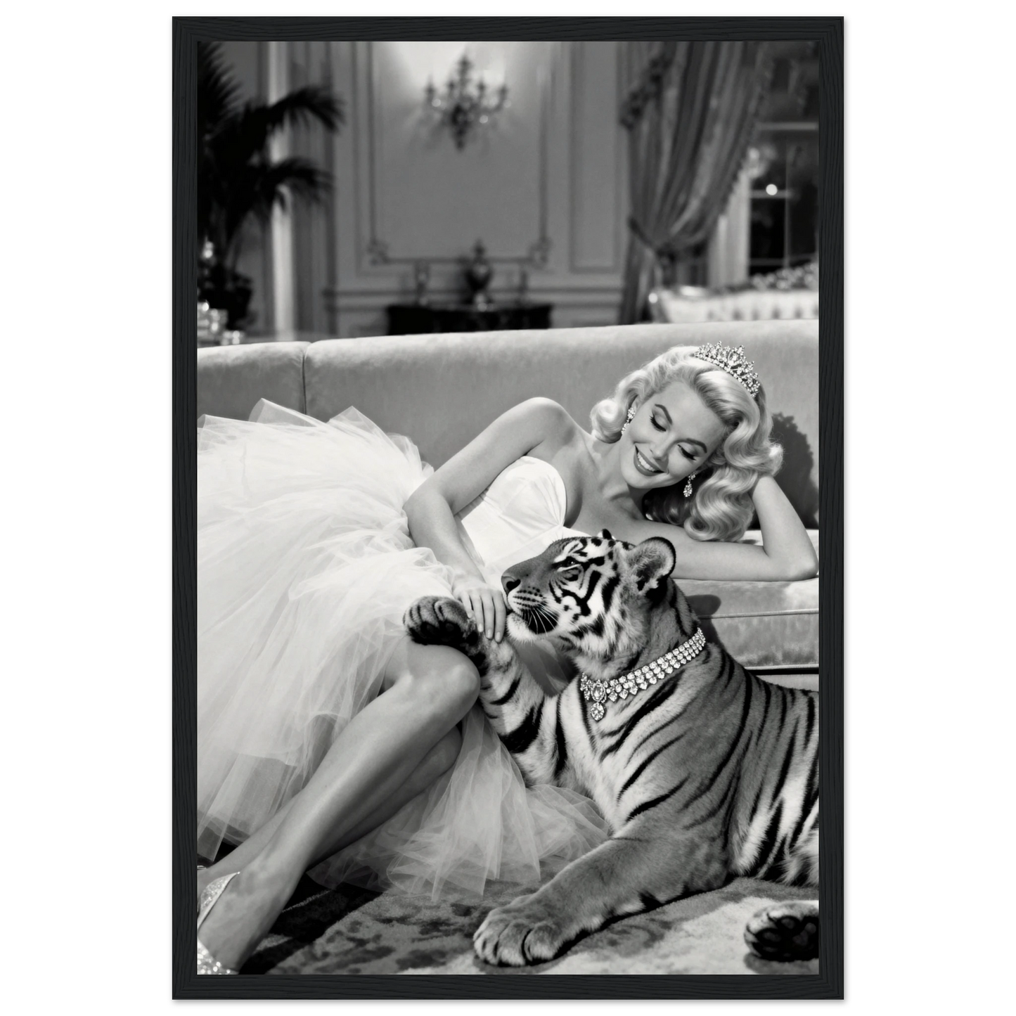 Vintage Hollywood Starlet Tiger Art Print 30x45 cm 12x18″ Museum-Quality Matte Framed Poster - Black Wood