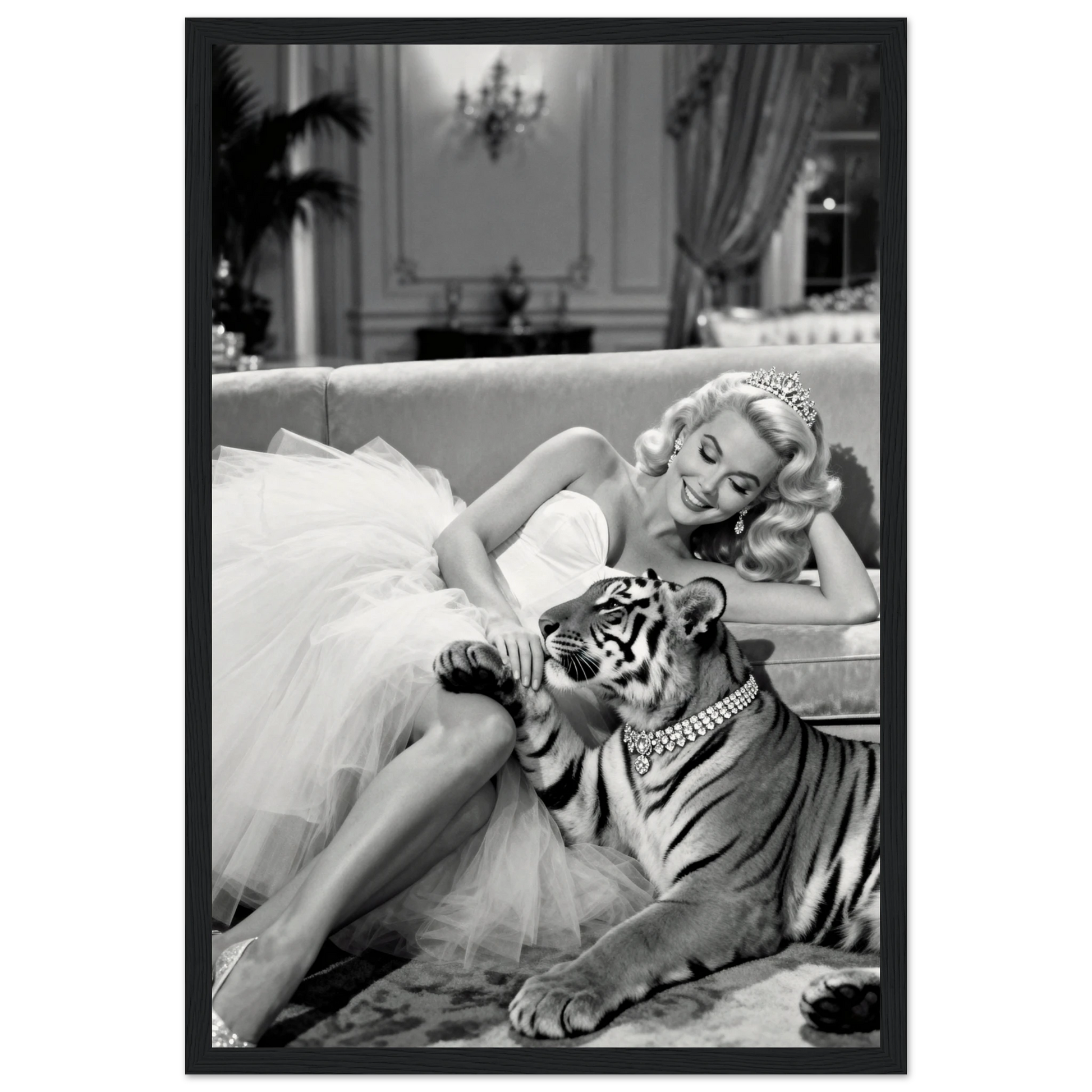 Vintage Hollywood Starlet Tiger Art Print 30x45 cm 12x18″ Museum-Quality Matte Framed Poster - Black Wood