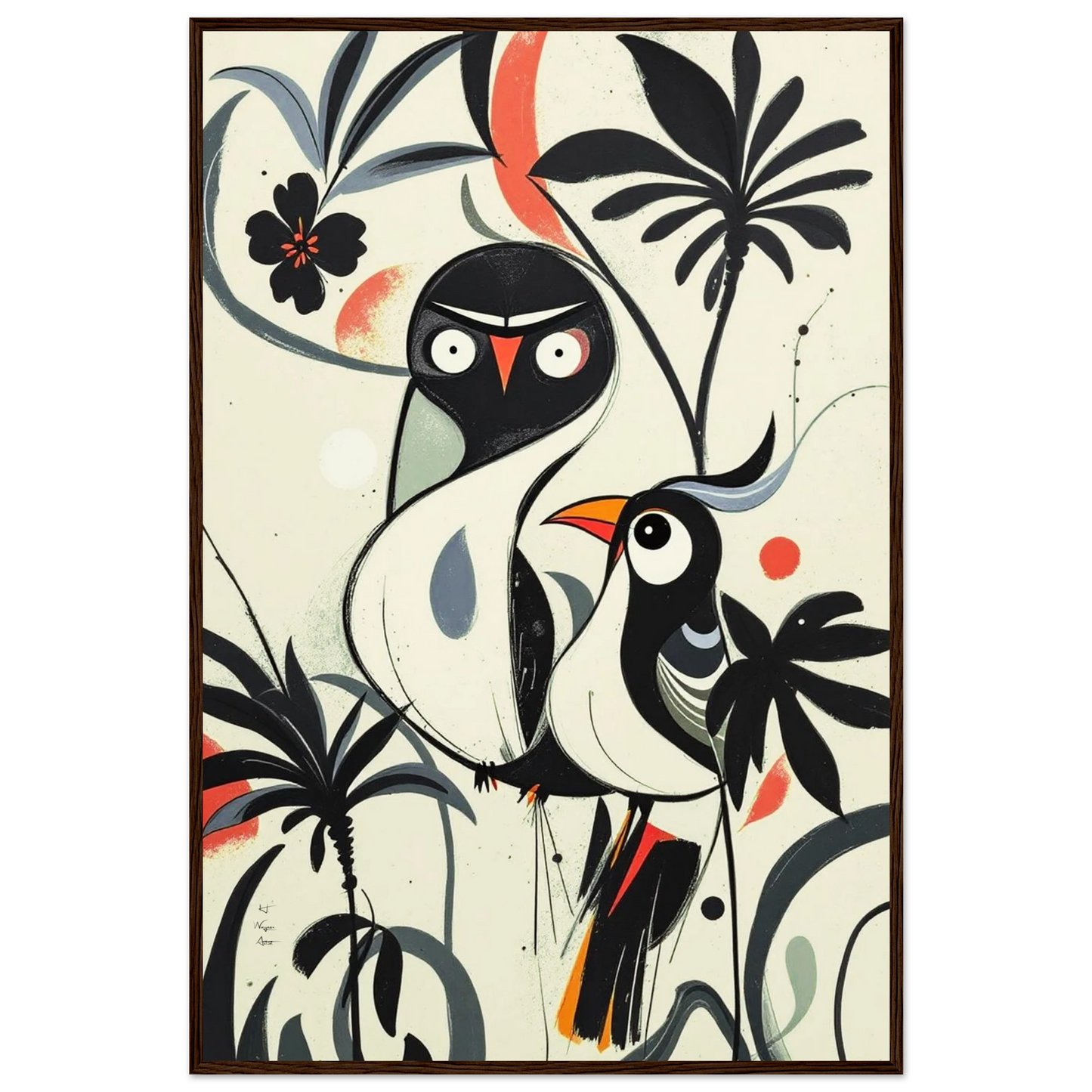 Abstract Bird Modern Tropical Art Print Dark Brown Wood Frame 60x90 cm 24x36″ Classic Matte Paper Wooden Framed Poster