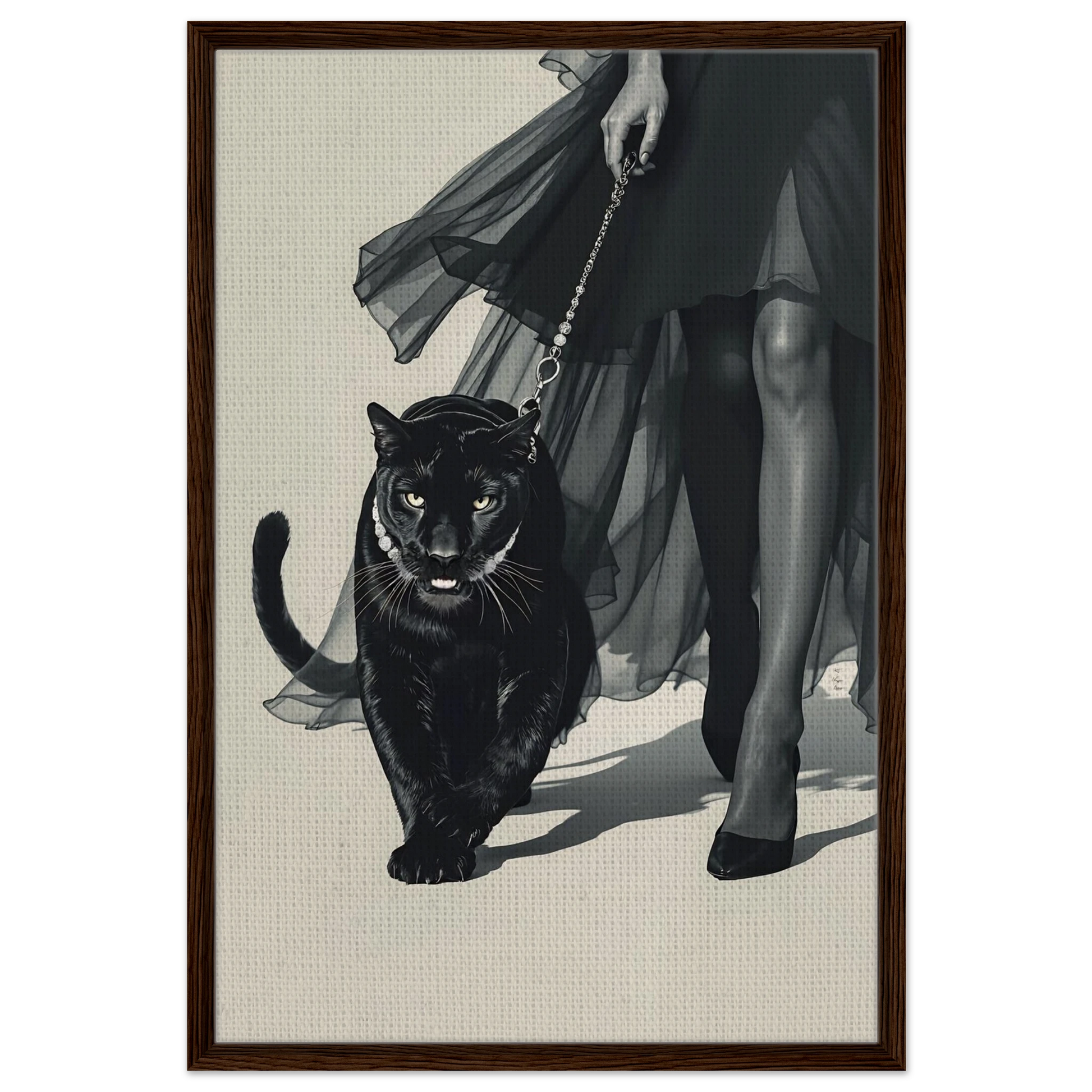 Retro Fashion Model Panther Art Print Dark Brown Wood Frame 60x90 cm 24x36″ Framed Canvas