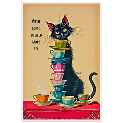 Quirky Cat Funny Tea Art Print 60x90 cm 24x36″ Classic Matte Paper Wooden Framed Poster White Wood Frame