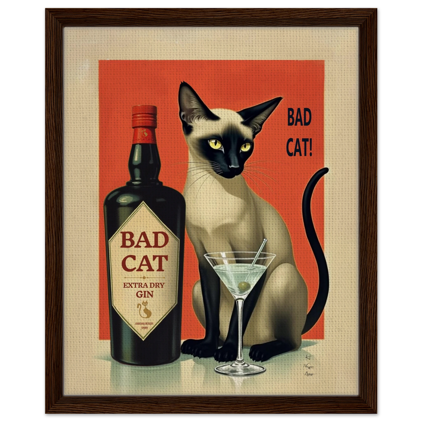 Siamese Cat Gin Martini Cocktail Art Print 40x50 cm 16x20″ Framed Canvas Dark Brown Wood Frame