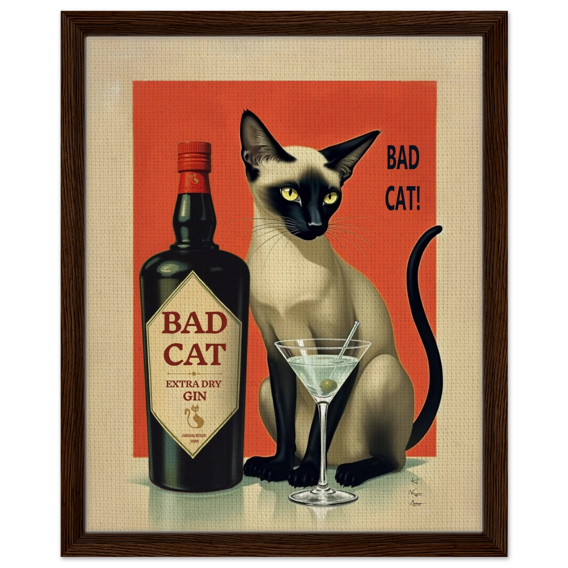 Siamese Cat Gin Martini Cocktail Art Print 40x50 cm 16x20″ Framed Canvas Dark Brown Wood Frame