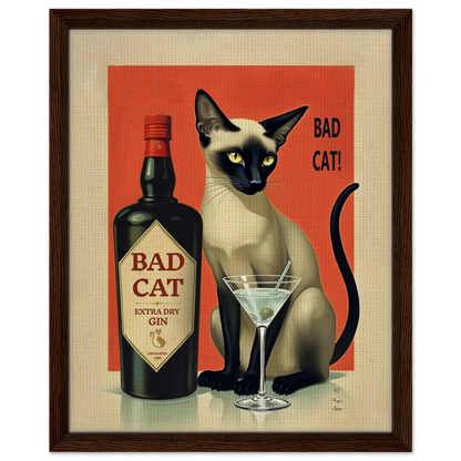 Siamese Cat Gin Martini Cocktail Art Print 40x50 cm 16x20″ Framed Canvas Dark Brown Wood Frame
