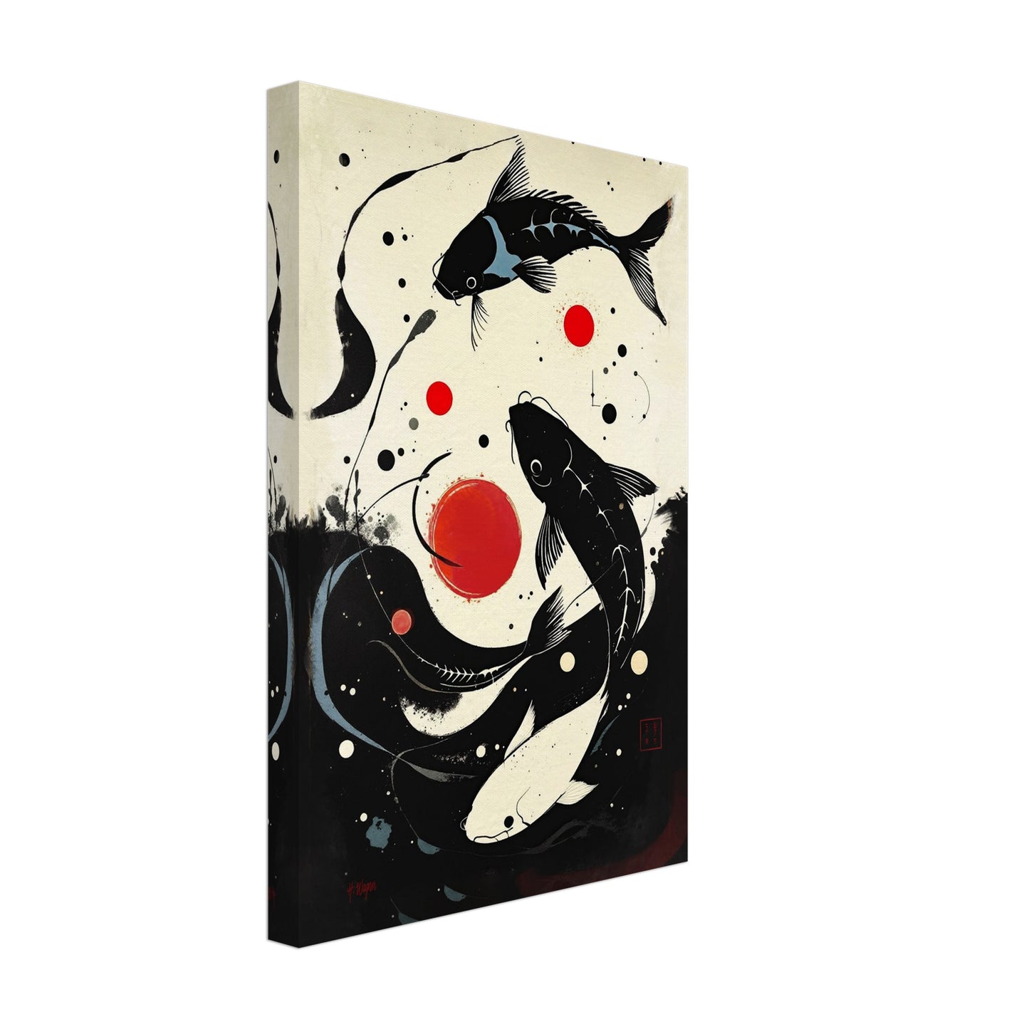 Mid-Century Modern Koi Fish Art Poster Print – Framed Abstract Black White Wall Décor 30x45 cm 12x18″ Framed Canvas Light Wood Frame