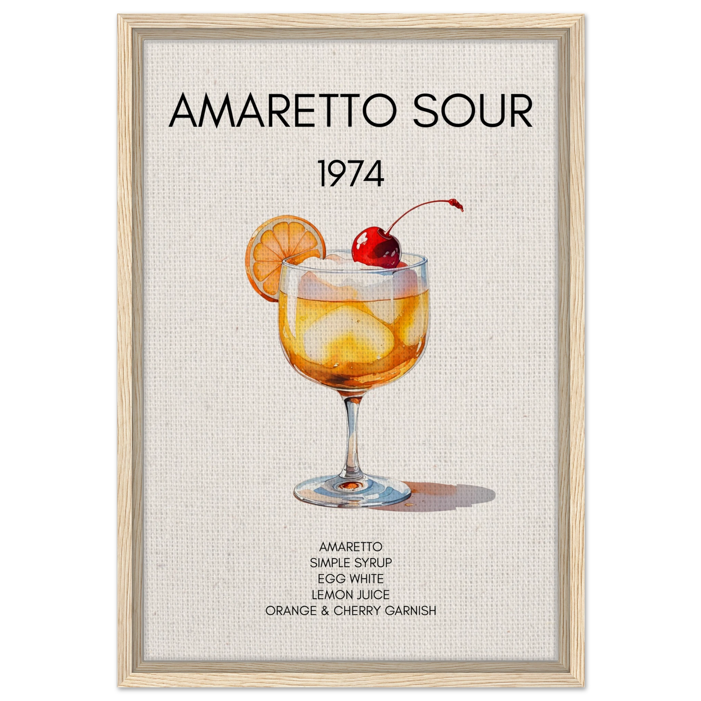Amaretto Sour Cocktail Bar Art Print Light Wood Frame 40x60 cm 16x24″ Framed Canvas