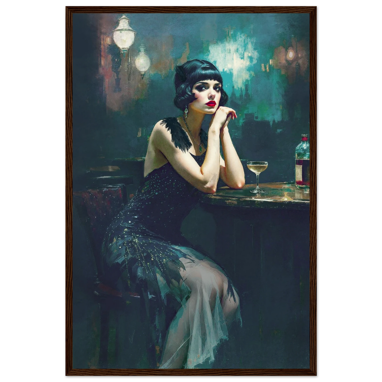Jazz Age Speakeasy Flapper Art Print Dark Brown Wood Frame 40x60 cm 16x24″ Museum-Quality Matte Framed Poster