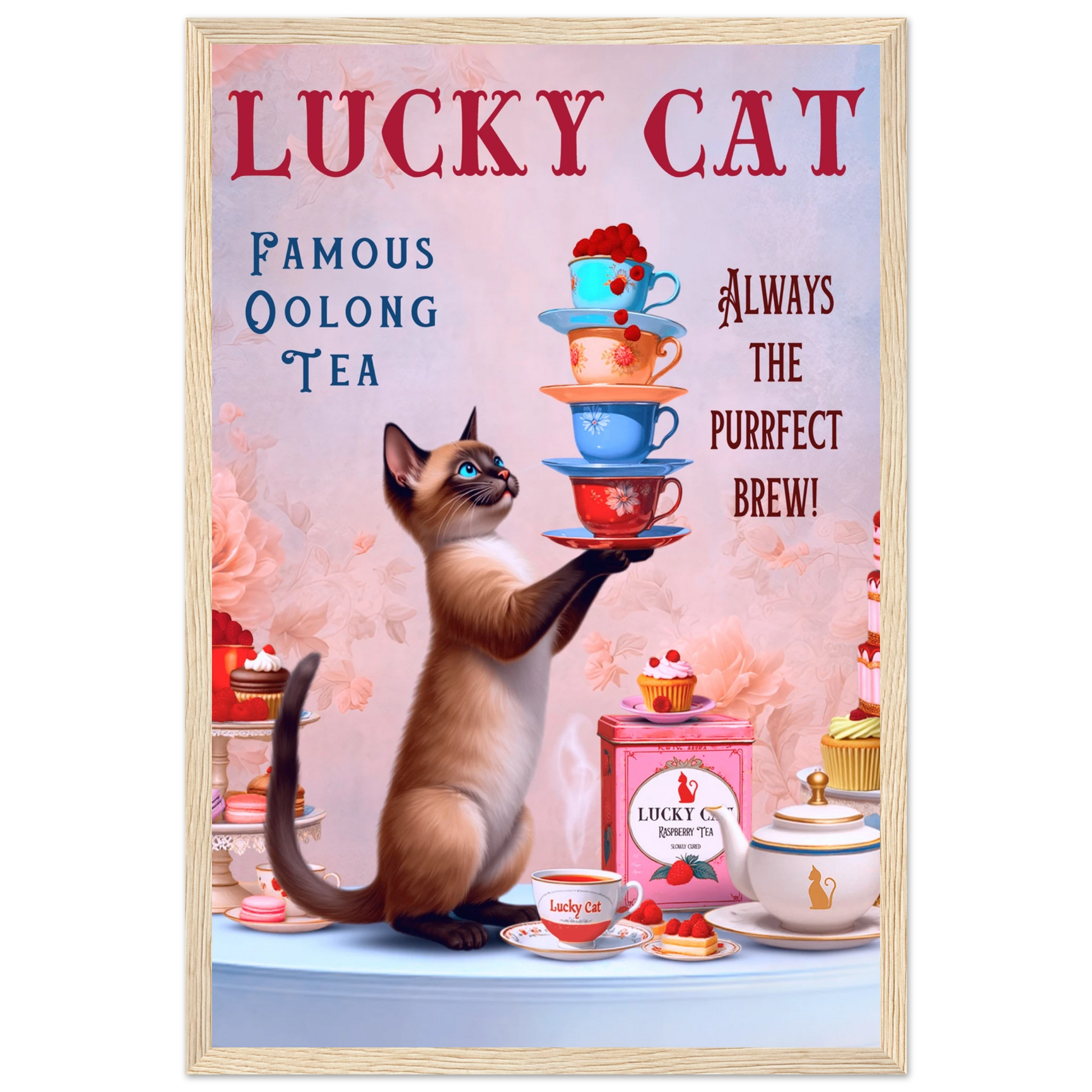 Siamese Lucky Cat Vintage Tea Art Print 30x45 cm 12x18″ Classic Matte Paper Wooden Framed Poster Light Wood Frame
