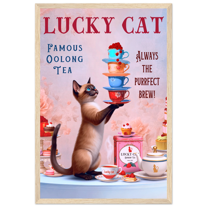 Siamese Lucky Cat Vintage Tea Art Print 30x45 cm 12x18″ Classic Matte Paper Wooden Framed Poster Light Wood Frame