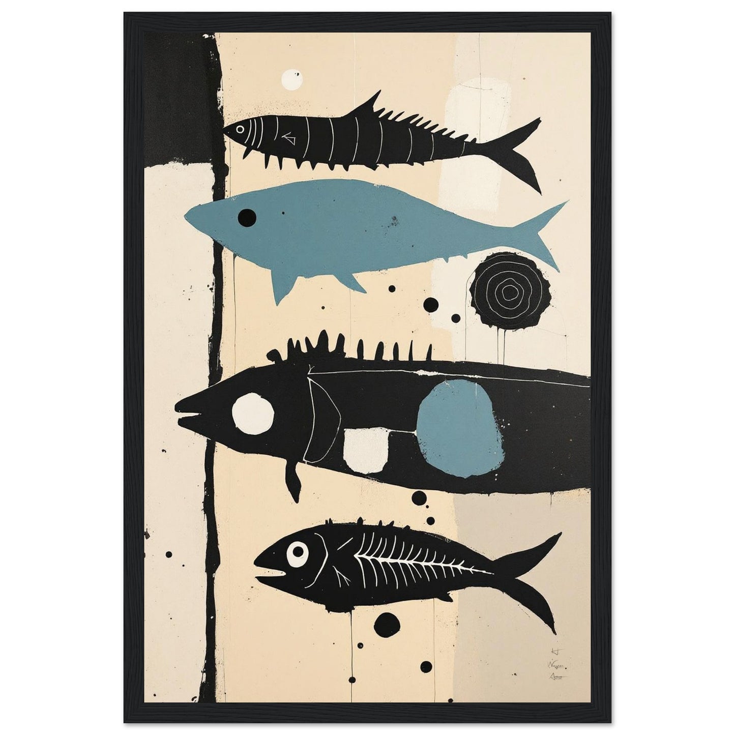 Mid-Century Modern Fish Art Poster Print – Framed Abstract Neutral Wall Decor Black Wood Frame 40x60 cm 16x24″ Framed Canvas