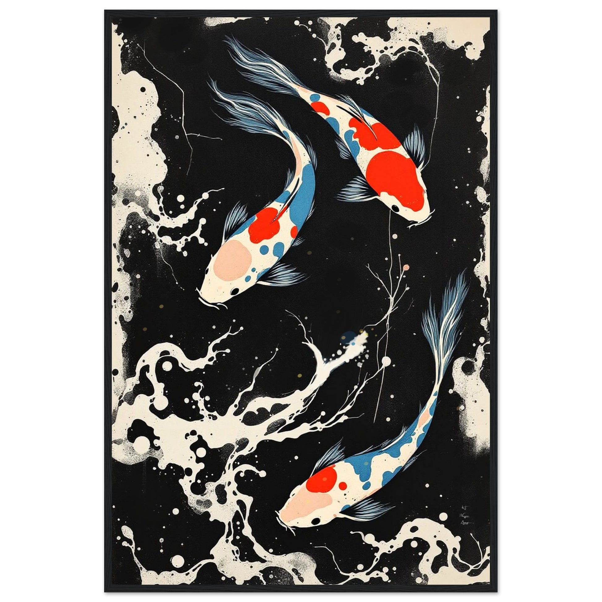 Modern Black White Koi Fish Ocean Art Print 60x90 cm 24x36″ Premium Matte Paper Wooden Framed Poster Black Wood Frame
