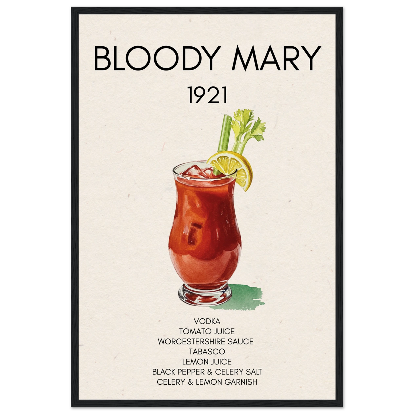 Bloody Mary Cocktail Bar Poster Print Black Wood 40x60 cm 16x24″ Museum-Quality Matte Paper Wooden Framed Poster