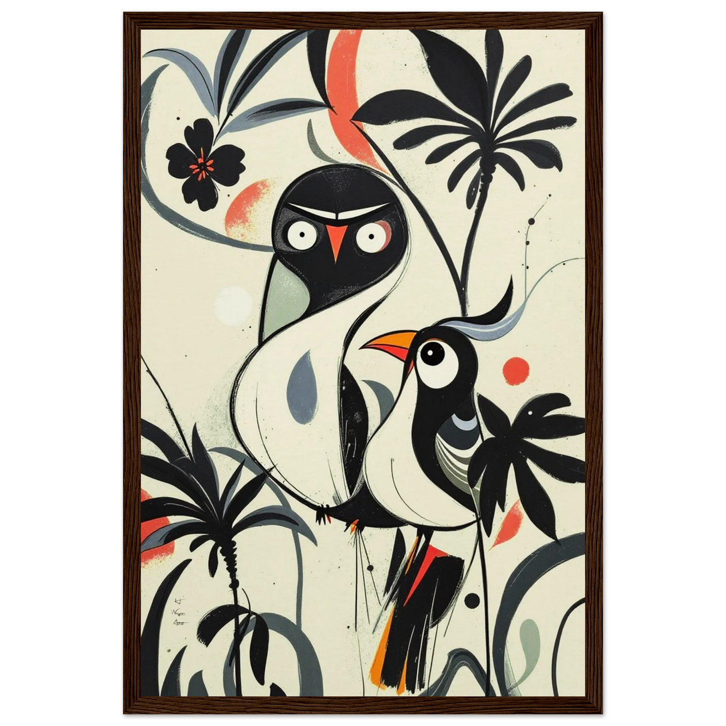 Abstract Bird Modern Tropical Art Print Dark Brown Wood Frame 30x45 cm 12x18″ Museum-Quality Matte Wooden Framed Poster