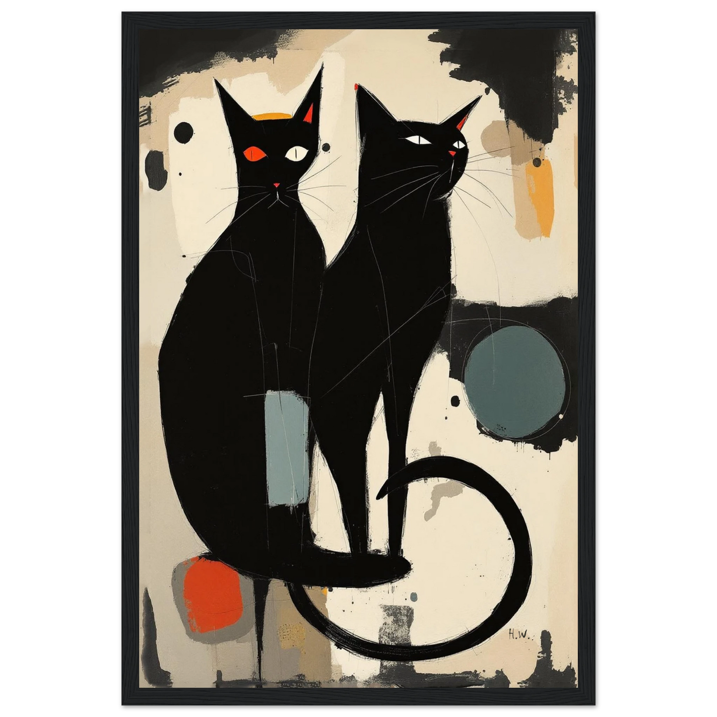 Abstract Crazy Cat Duo Art Print Black Wood Frame 30x45 cm 12x18″ Premium Matte Paper Wooden Framed Poster