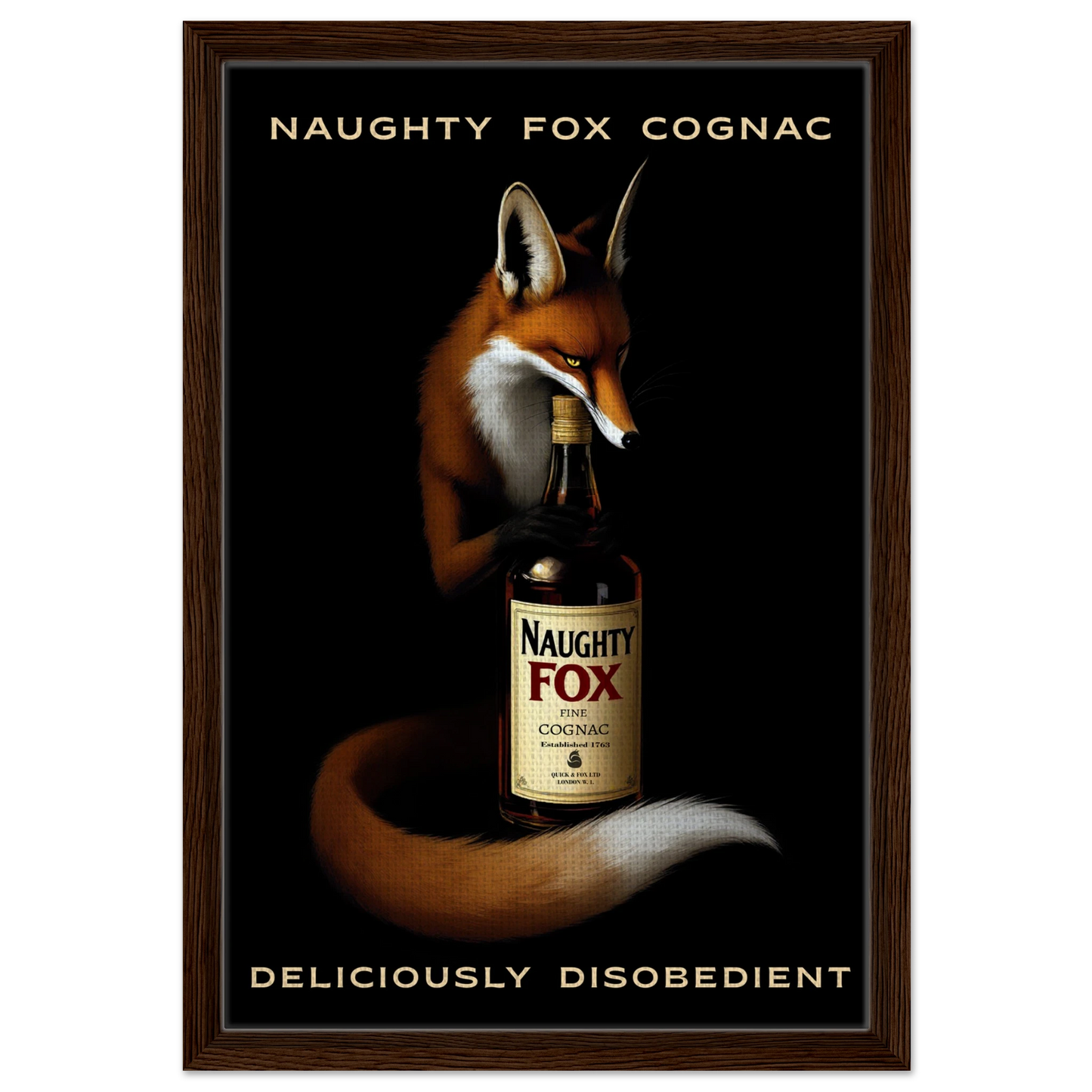 Fox Cognac Cocktail Bar Art Print Dark Brown Wood Frame 40x60 cm 16x24″ Framed Canvas