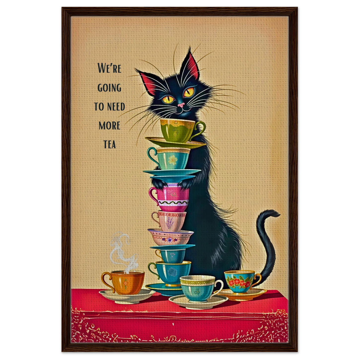Quirky Cat Funny Tea Art Print 60x90 cm 24x36″ Framed Canvas Dark Brown Wood Frame