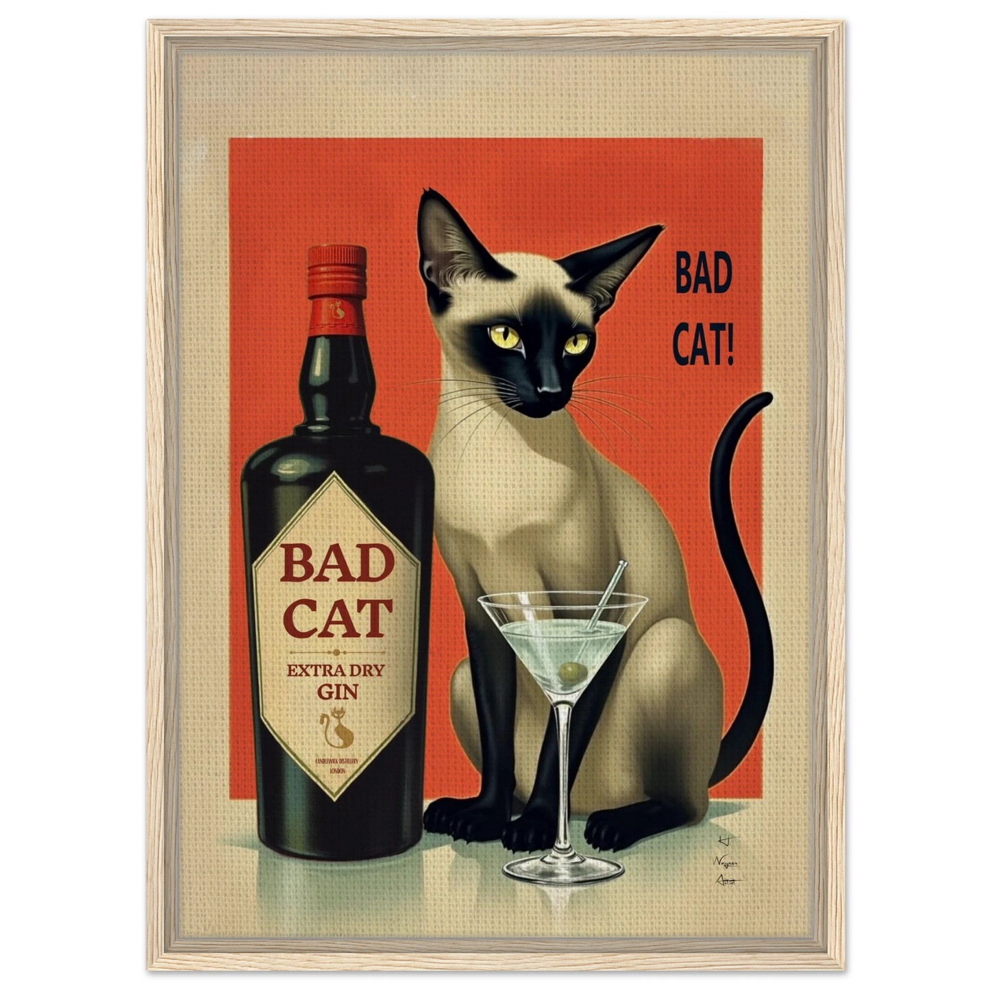 Siamese Cat Gin Martini Cocktail Art Print 27x35 cm 11x14″ Gallery Wrapped Canvas No Frame