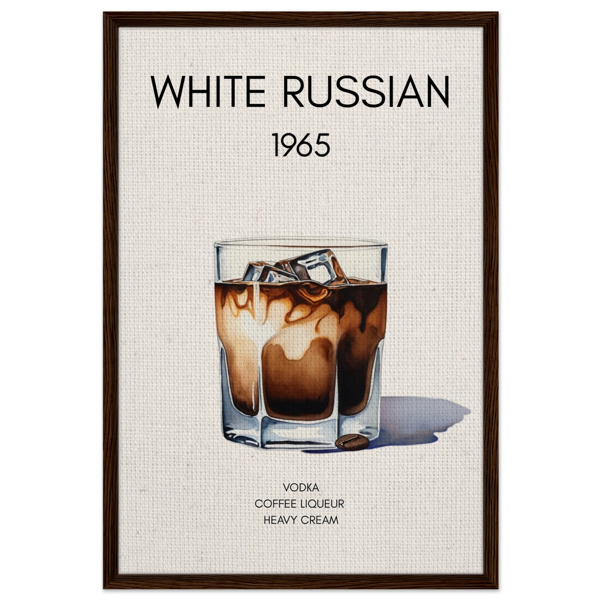 White Russian Cocktail Bar Art Print Dark Brown Wood Frame 60x90 cm 24x36″ Framed Canvas