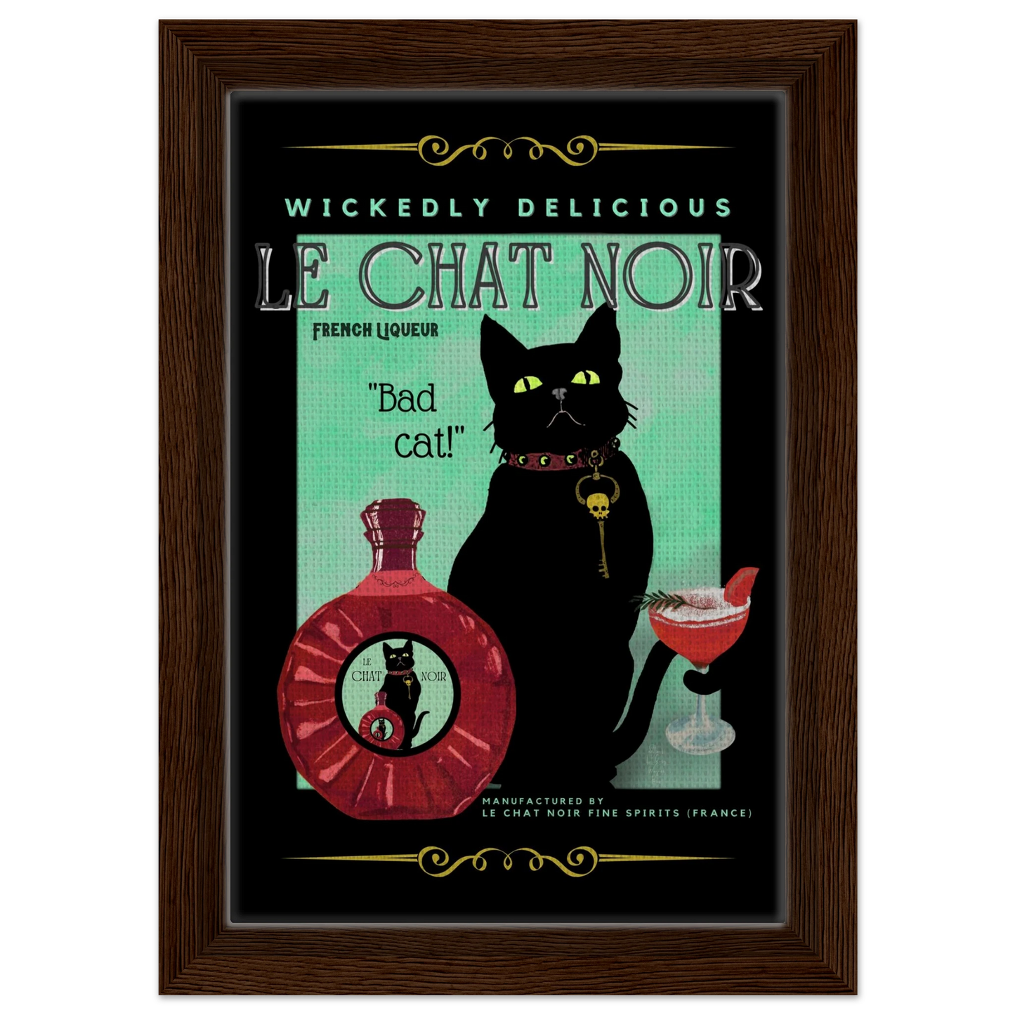 Black Cat Cocktail French Art Deco Print 20x30 cm 8x12″ Framed Canvas Dark Brown Wood Frame