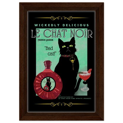 Black Cat Cocktail French Art Deco Print 20x30 cm 8x12″ Framed Canvas Dark Brown Wood Frame