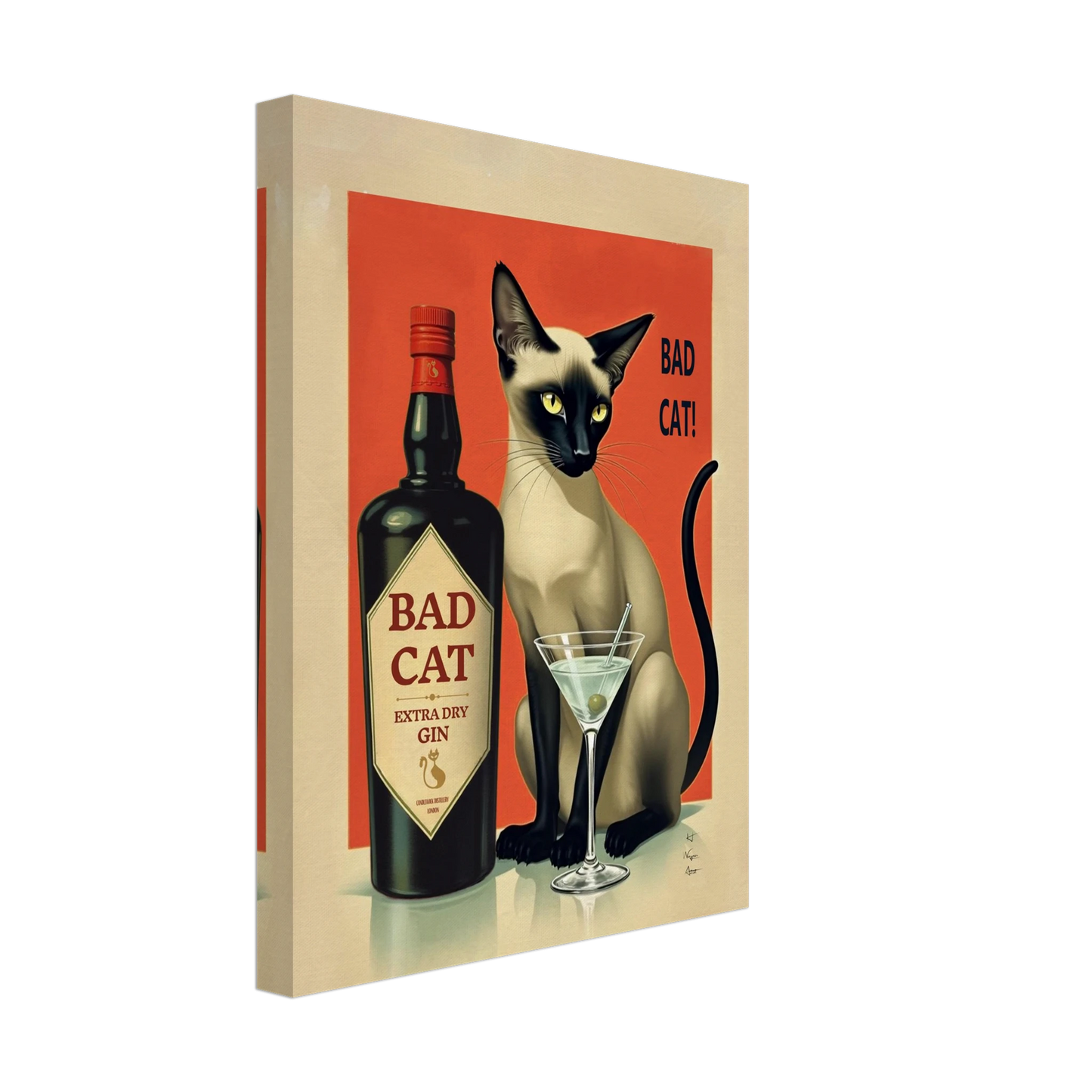 Siamese Cat Gin Martini Cocktail Art Print 30x40 cm 12x16″ Gallery Wrapped Canvas No Frame