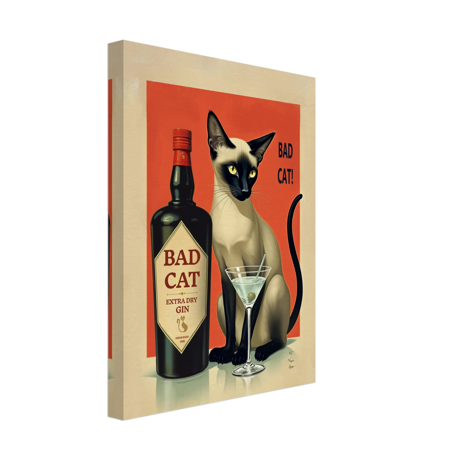 Siamese Cat Gin Martini Cocktail Art Print 30x40 cm 12x16″ Gallery Wrapped Canvas No Frame