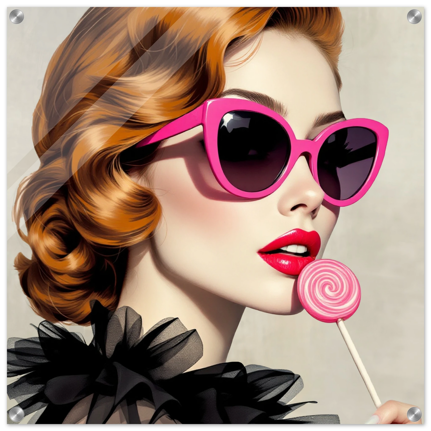 Retro Glam Fashion Model Lollipop Art Print Sleek Acrylic Print 60x60 cm 24x24″