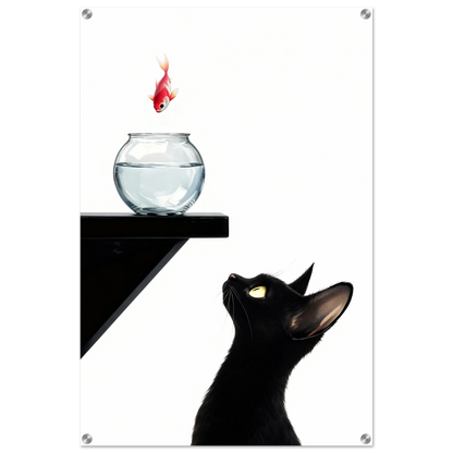 Curious Black Cat Goldfish Minimalist Art Print 60x90 cm 24x36″ Sleek Acrylic Print