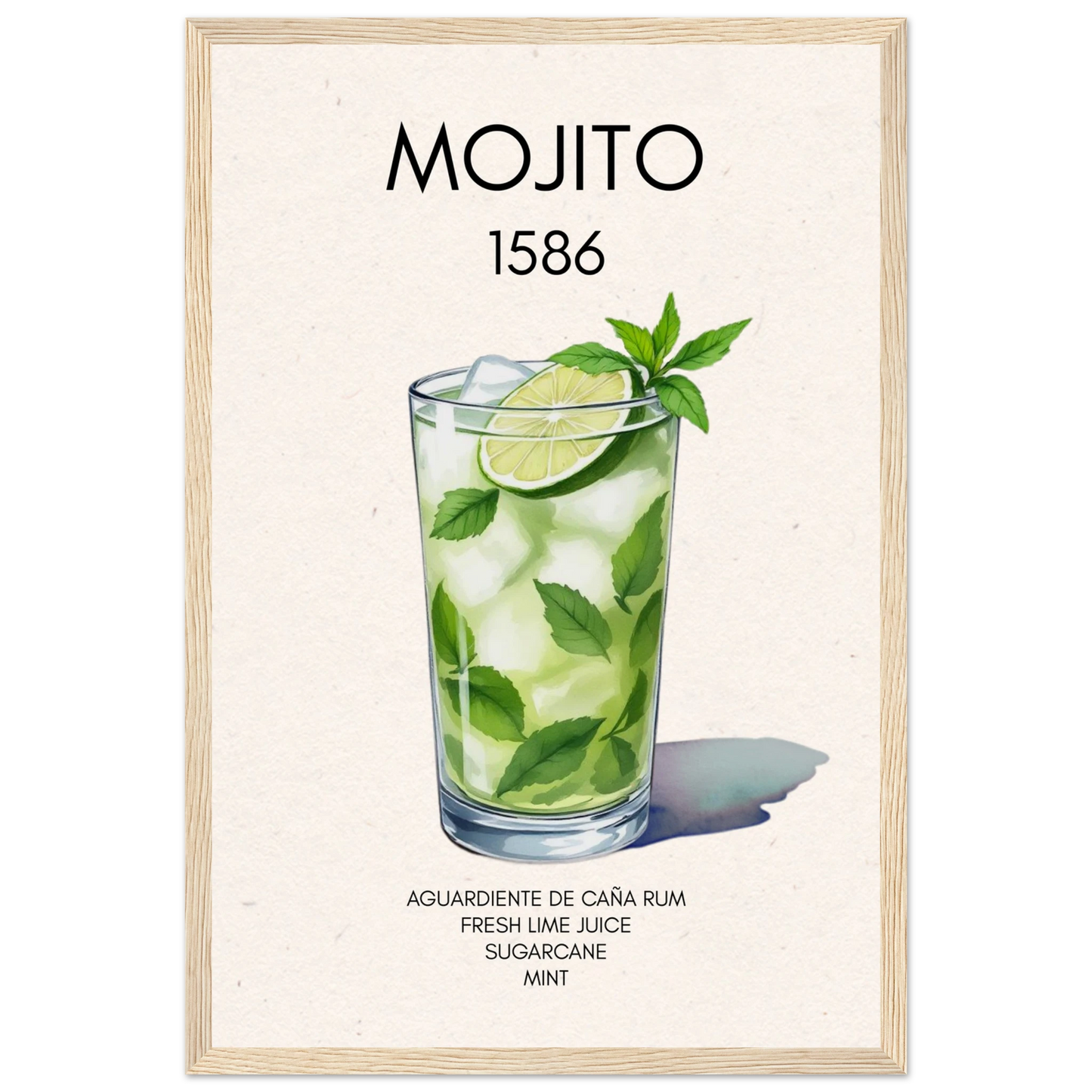 Mojito Cocktail Bar Poster Print Light Wood Frame 30x45 cm 12x18″ Premium Matte Paper Wooden Framed Poster
