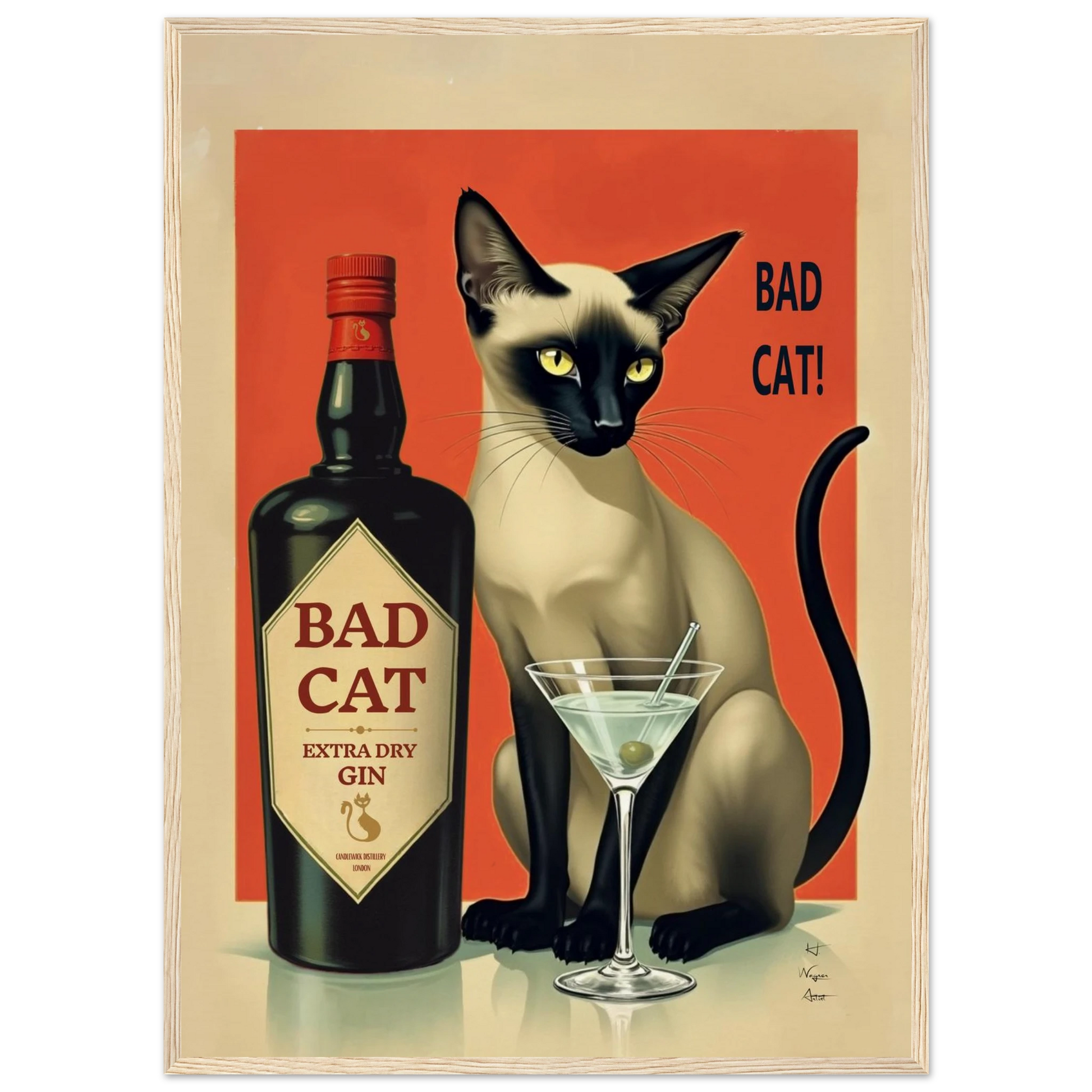 Siamese Cat Gin Martini Cocktail Art Print 27x35 cm 11x14″ Gallery Wrapped Canvas No Frame
