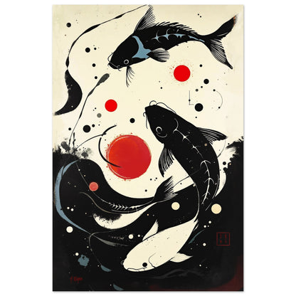 Mid-Century Modern Koi Fish Art Poster Print – Framed Abstract Black White Wall Décor 30x45 cm 12x18″ Framed Canvas Light Wood Frame