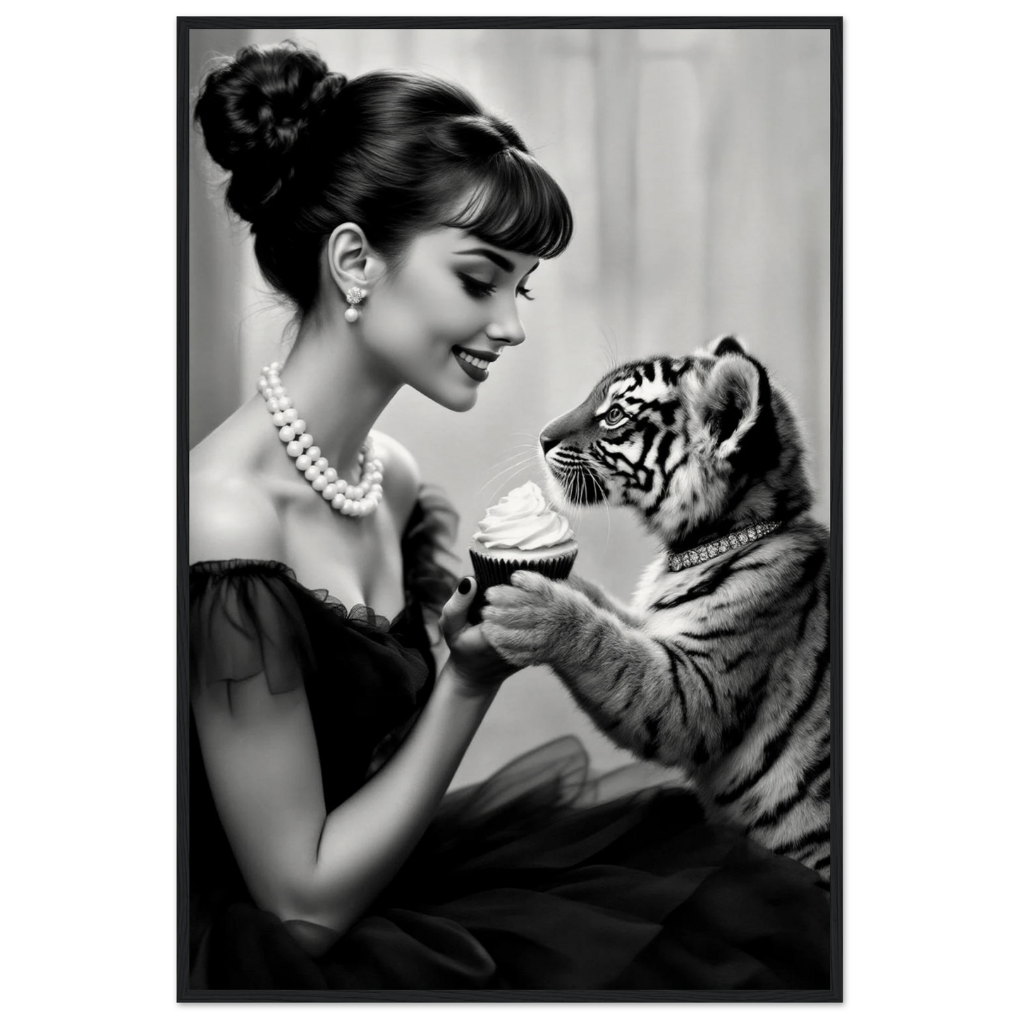 Audrey Hepburn Tiger Cub Art Print Black Wood Frame 60x90 cm 24x36″ Museum-Quality Matte Paper Wooden Framed Poster