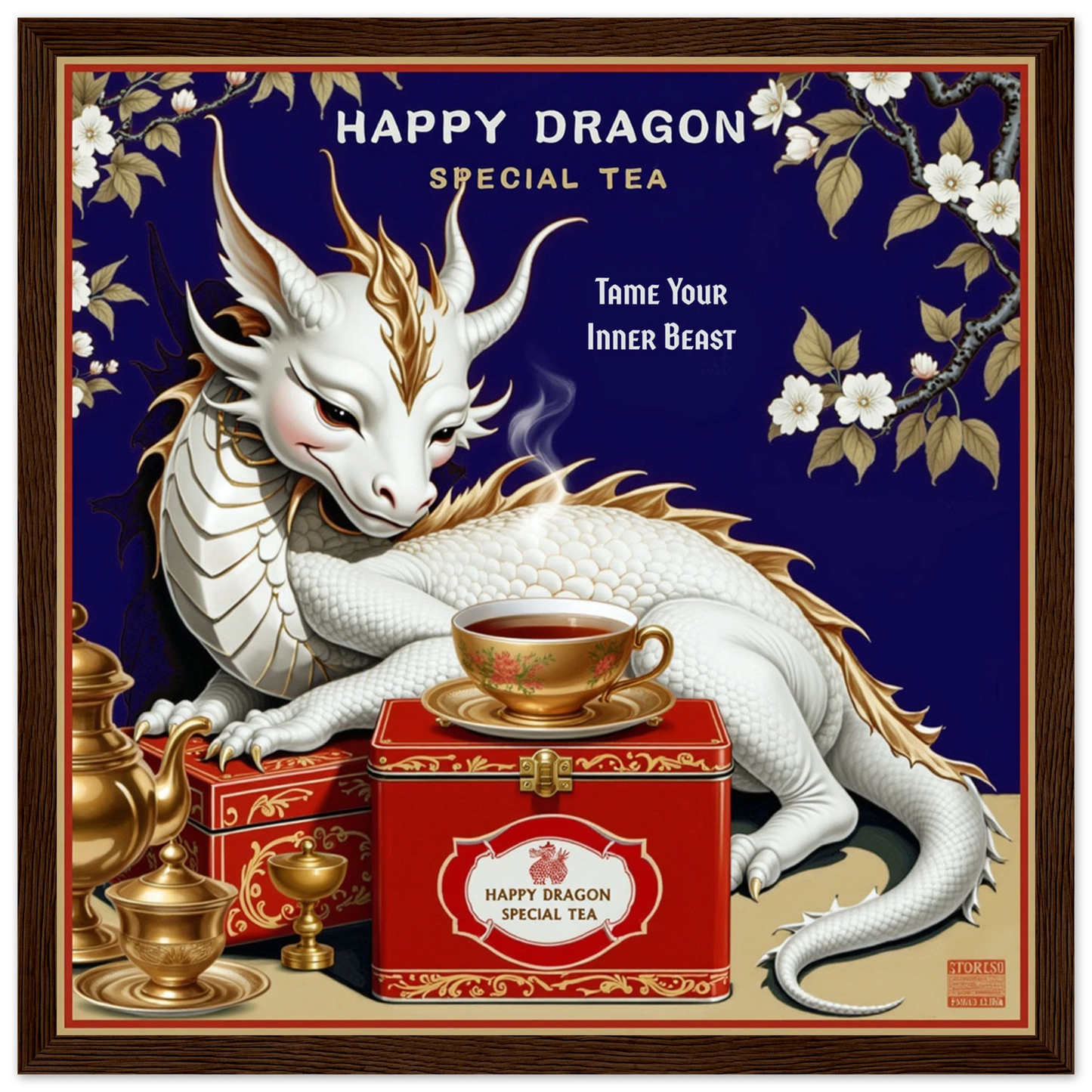 Happy Dragon Tea Art Print 30x30 cm 12x12″ Premium Matte Paper Wooden Framed Poster Dark Brown Wood Frame