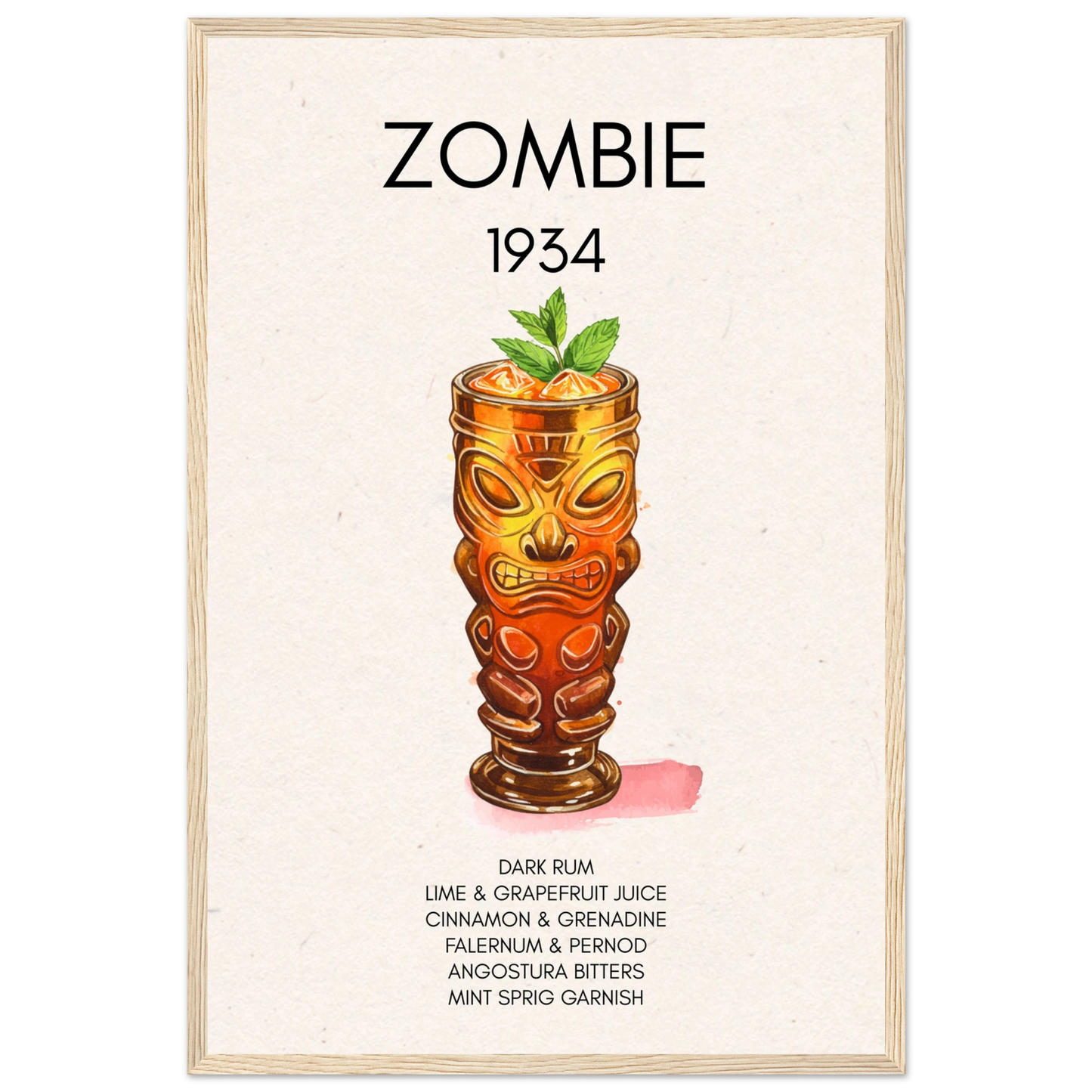 Zombie Tiki Cocktail Bar Poster Print Light Wood Frame 40x60 cm 16x24″ Premium Matte Paper Wooden Framed Poster